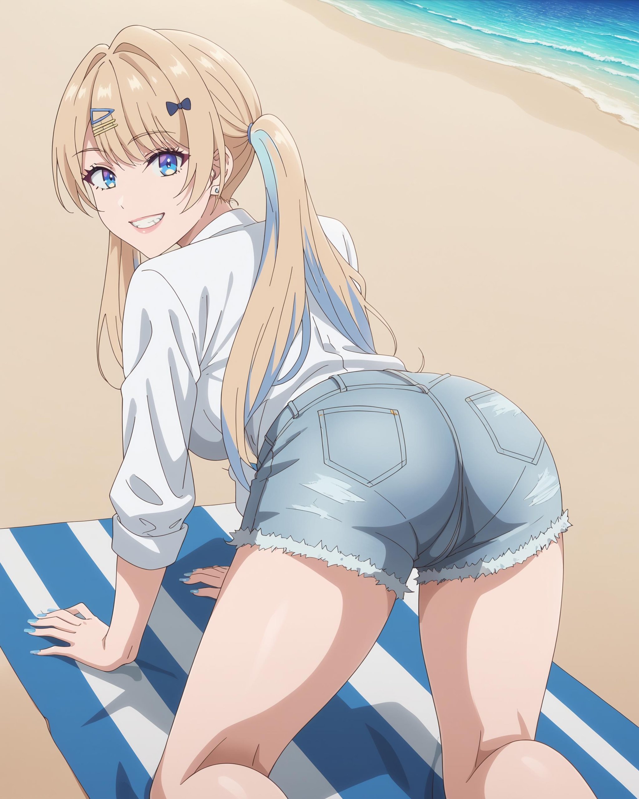 score_9, score_8_up, score_7_up, source_anime, besst_quality, highres, extremely_detailed, anime perfect detailed style, 8k, masterpiece, anime art style, anime coloring, nsfw, at a beach, <lora:Runa_Shirakawa:1> Runa Shirakawa, blonde hair, blue hair, multicolored hair, colored inner hair, long hair, bangs, blue eyes, large breasts, hair ornament, hair bow, hair clip, nail polish, blue nails, jewelry, lips, white shirt, twintails, denim shorts,on all fours, sexy pose, from behind, girl looking back at viewer, big smile, teeth, directly behind girl