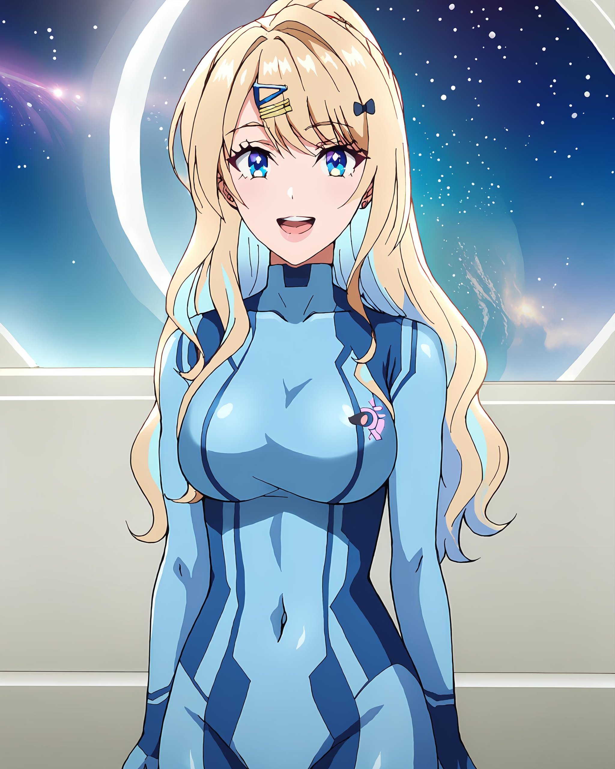 score_9, score_8_up, score_7_up, source_anime, masterpiece, perfect lighting, fully nude, uncensored, nsfw, in outer space, on a space ship,<lora:Runa_Shirakawa:1>Runa Shirakawa, blonde hair, blue hair, multicolored hair, colored inner hair, long hair, bangs, blue eyes, large breasts, hair ornament, hair bow, hair clip, jewelry, lips, <lora:samus-aran-cosplay-ponyxl-lora-nochekaiser:1>, samusarancosplay, samus aran \(cosplay\), blue bodysuit, bodysuit, covered navel, skin tight, zero suit,looking at the viewer, big smile, mouth open, teeth, 