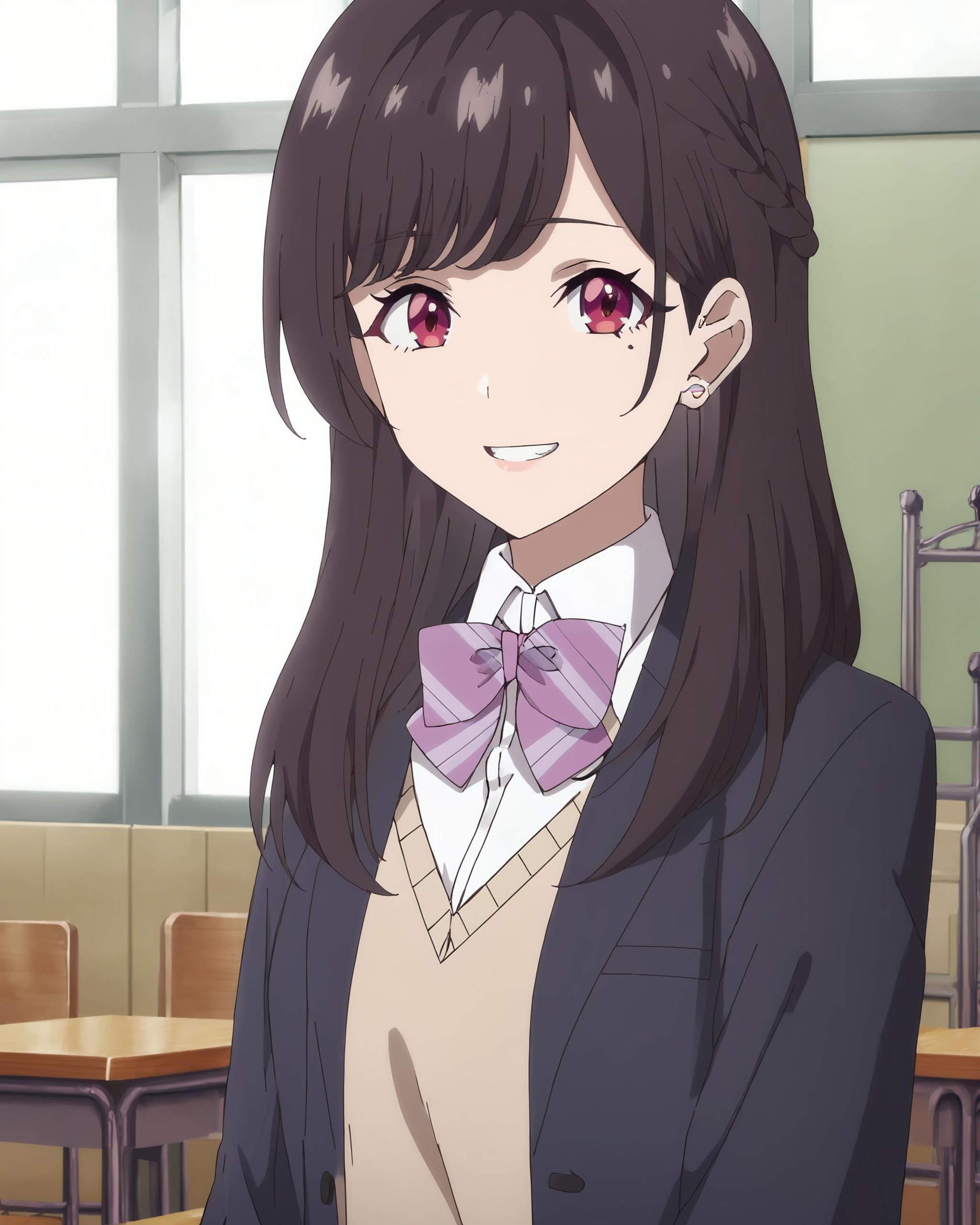 score_9, score_8_up, score_7_up, source_anime, masterpiece, perfect lighting, in a classroom,<lora:Maria_Kurose:1>Maria Kurose, mole under eye, long hair, bangs, braid, black hair, red eyes, hair behind ear, large breasts,directly facing the viewer, looking at the viewer, gentle smile, mouth open, teeth, upper body,School uniform, striped bow, bowtie, white shirt, collared shirt, plaid skirt, kneehighs, white socks, shoes, blazer (optional)