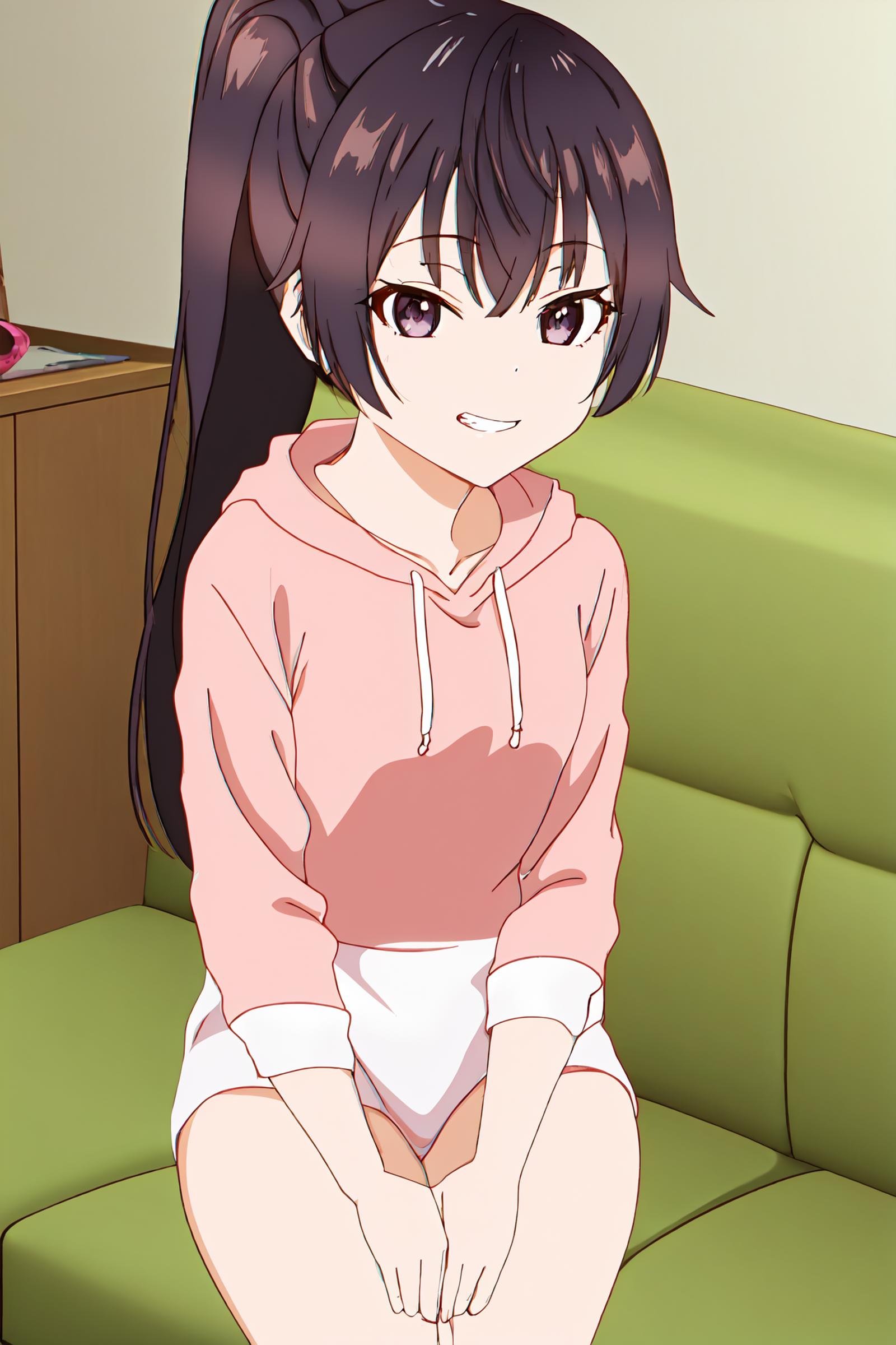 masterpiece, best quality, indoors, official anime artwork, screencap, anime screencap, masterpiece, inside an apartment, <lora:Yuki_Suou SD1.5:1>1girl, solo, Yuki Suou, brown hair, long hair, purple eyes, collarbone, hair between eyes, ponytail, pink hoodie, white shorts, sitting on a green couch, smiling, mouth open, teeth, 18 year old girl, medium breasts, looking at the viewer,