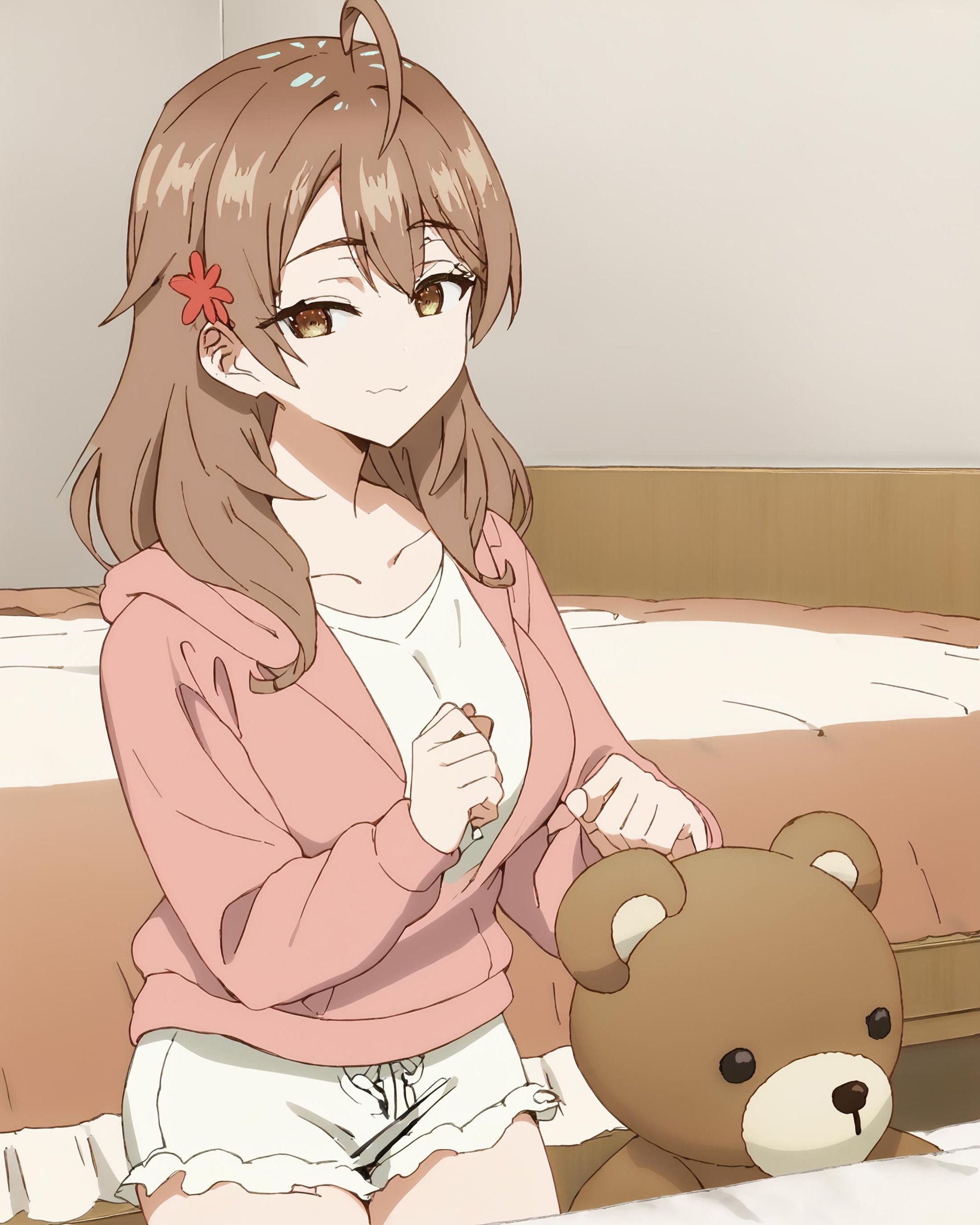 score_9, score_8_up, score_7_up, source_anime, uncensored, nsfw, in a bedroom, BREAK<lora:Maria_Kujou:1>1girl, Maria Kujou, brown hair, brown eyes, long hair, ahoge, hair ornament, bangs, large breasts,pink hoodie, shorts, :3, , teddy bear