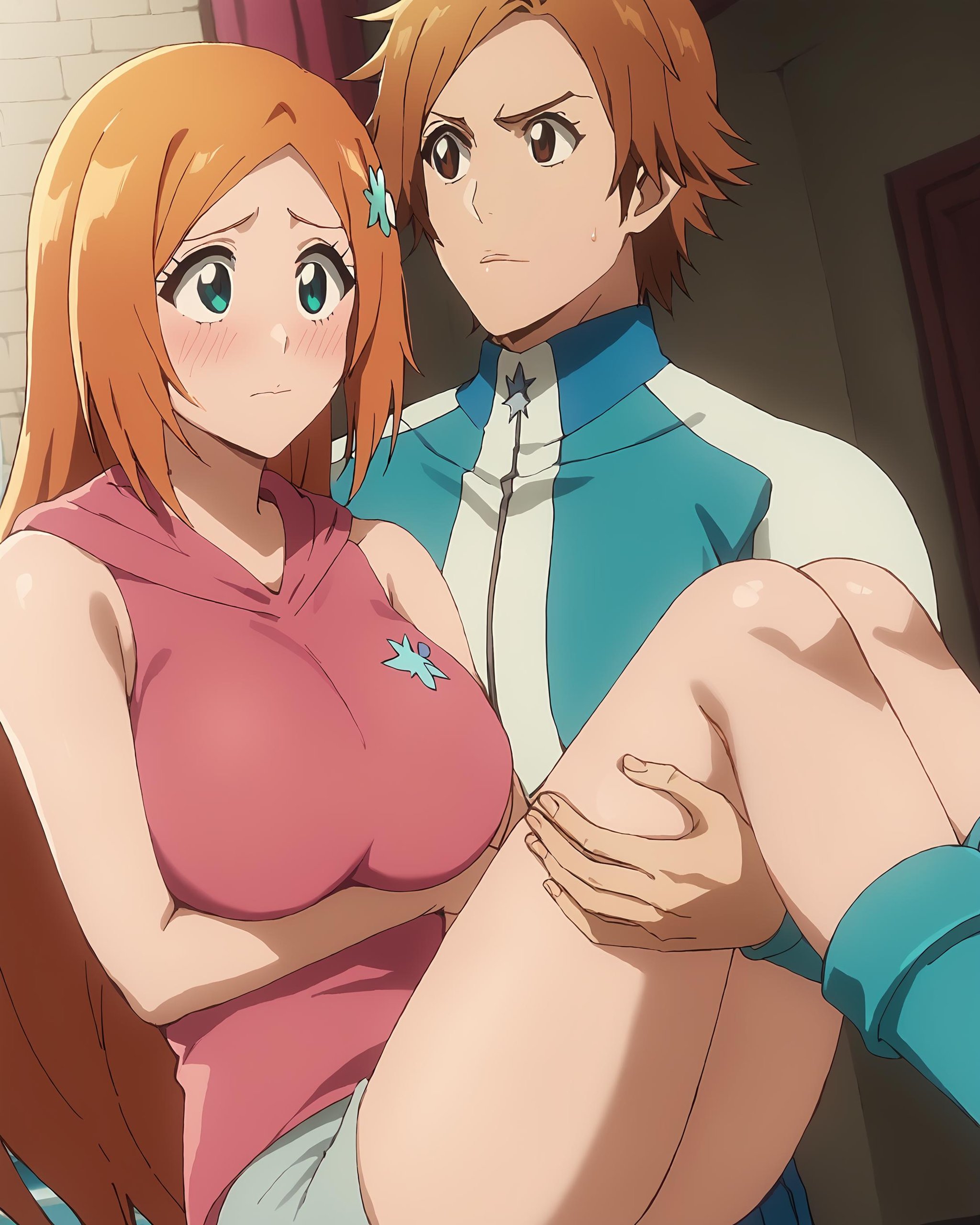 score_9, score_8_up, score_7_up,,source_anime, nsfw, uncensored,masterpiece, perfect quality, perfect lighting, <lora:princess_carry_v0.3-pony:1> princess carry, <lora:Orihime_Inoue__Bleach_Thousand-Year_Blood_War_art_style:1>1girl, Orihime, long hair, large breasts, facing viewer, (girl wearing sleeveless pink shirt with hood, shirt has no sleeves), shorts, (in a castle),(girl wearing a royal crown on her head), looking at man, blushing, embarrassed,1man, brown hair, generic outfit,