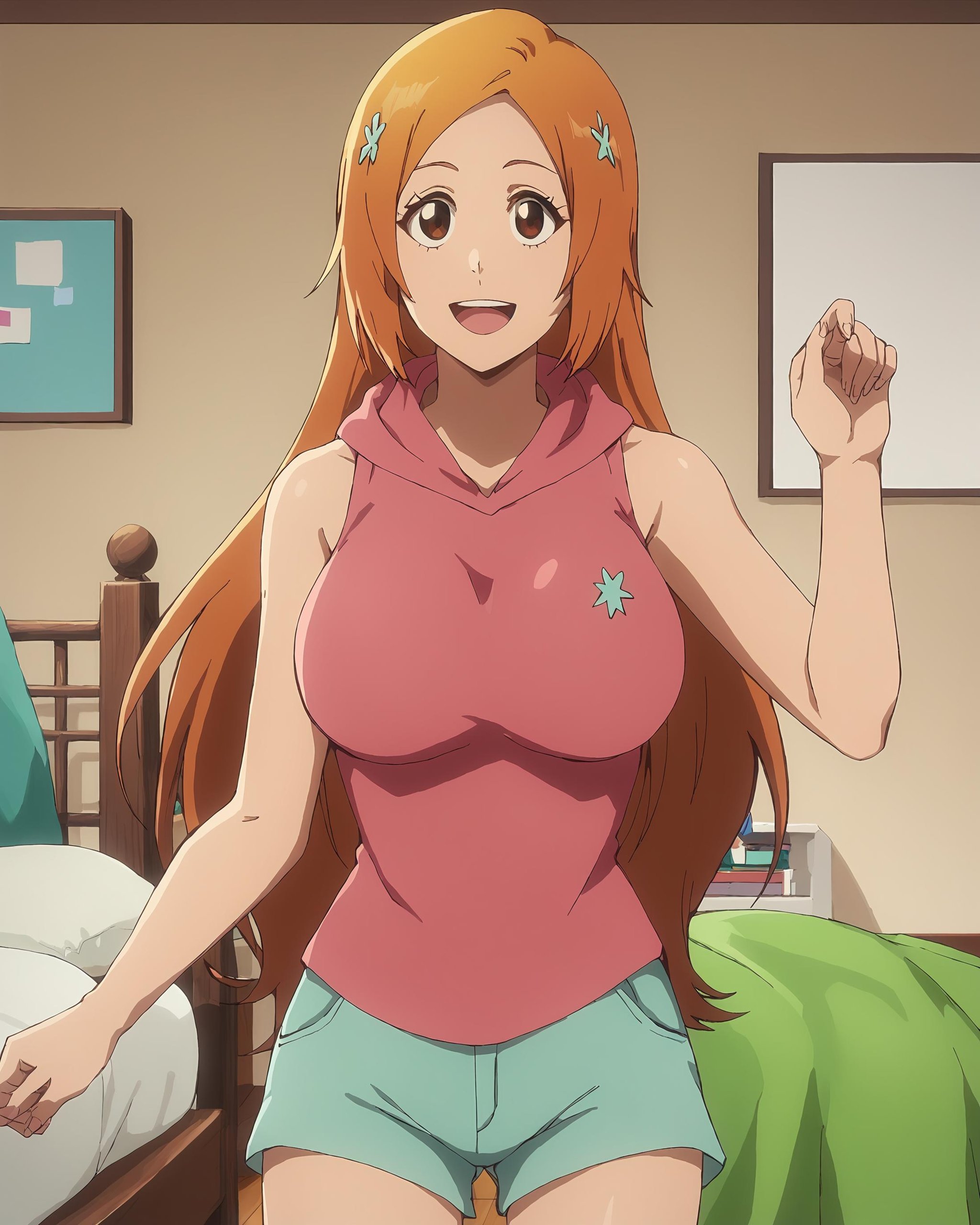 score_9, score_8_up, score_7_up,,source_anime, nsfw, uncensored,masterpiece, perfect quality, perfect lighting, <lora:Orihime_Inoue__Bleach_Thousand-Year_Blood_War_art_style:1>1girl, Orihime, long hair, large breasts, facing viewer, (sleeveless pink shirt with hood), (shirt has no sleeves), shorts,in a bedroom, smiling, mouth open, teeth, cowboy shot, standing, solo, facing viewer,