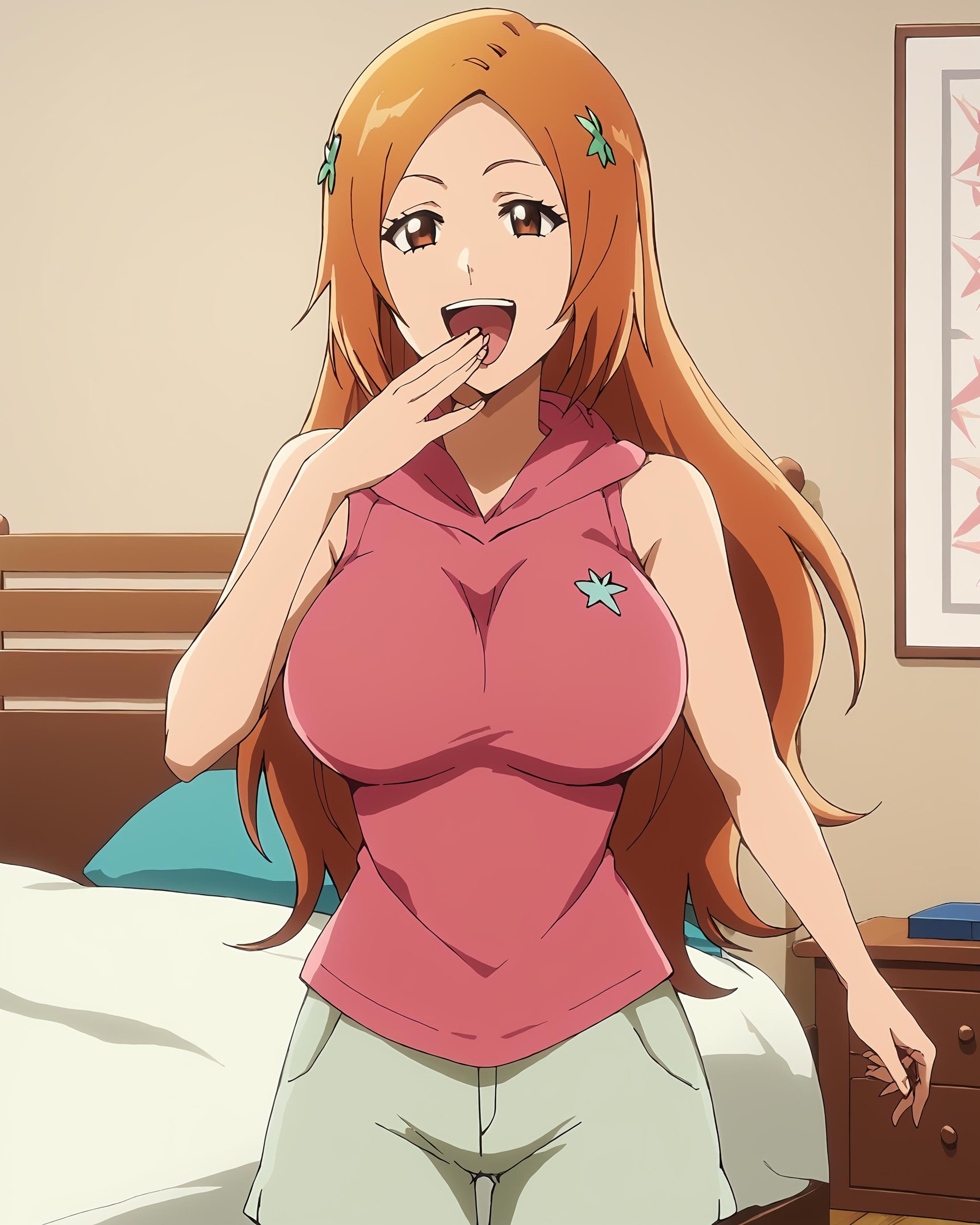 score_9, score_8_up, score_7_up,,source_anime, nsfw, uncensored,masterpiece, perfect quality, perfect lighting,<lora:Orihime_Inoue__Bleach_Thousand-Year_Blood_War_art_style:1>1girl, Orihime, long hair, large breasts, facing viewer, (sleeveless pink shirt with hood), (shirt has no sleeves), shorts, (no hair ornaments),in a bedroom, teeth, cowboy shot, standing, solo, facing viewer,<lora:ojou-sama-pose-ponyxl-lora-nochekaiser:1>, ojou-sama pose, laughing, smug, hand to own mouth, open mouth,