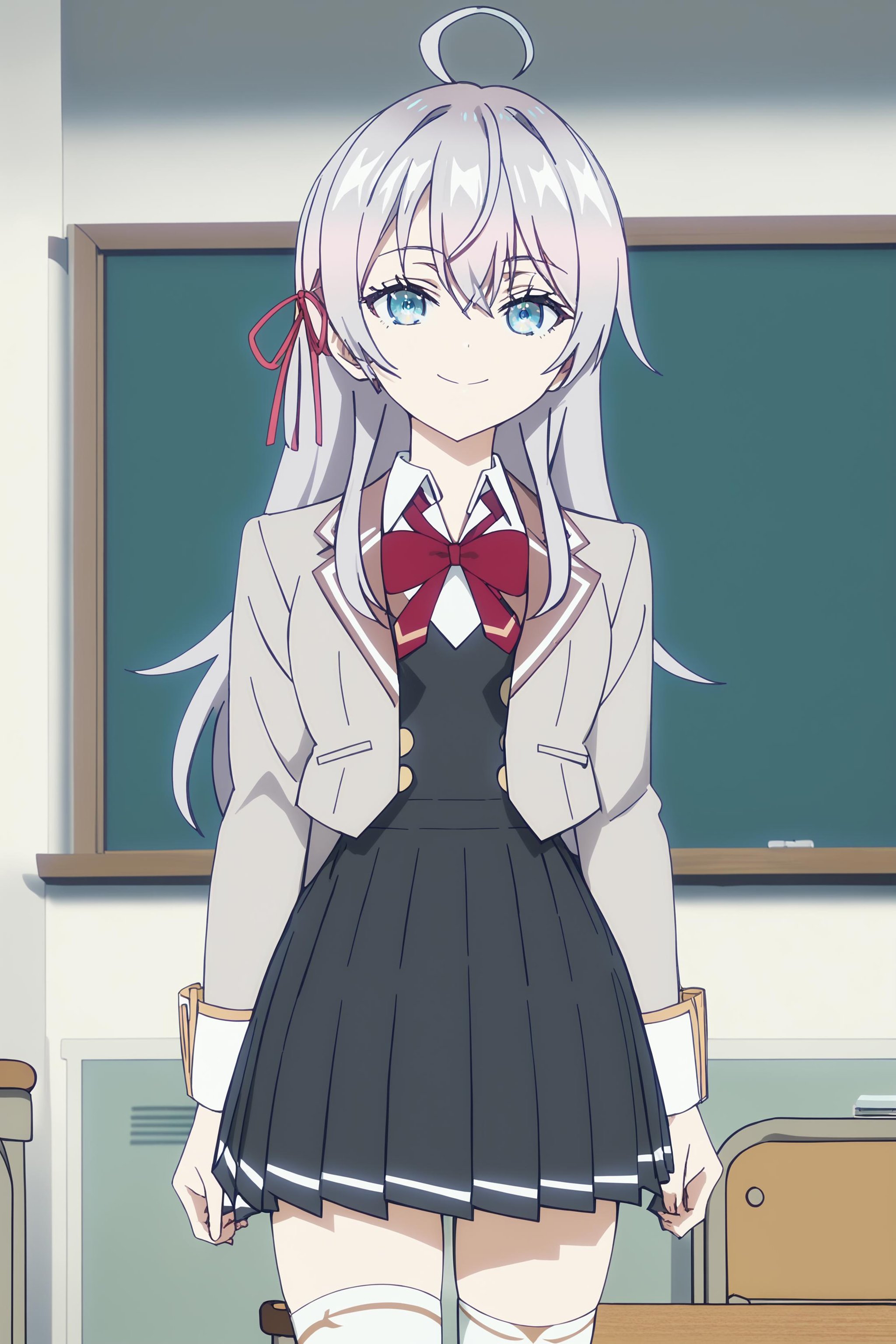 score_9, score_8_up, score_7_up, source_anime, official anime artwork, screencap, anime screencap, masterpiece, anime coloring, in a classroom, chalkboard, student desk, <lora:Alya_Kujo:1> Alya Kujou, ahoge, bangs, grey hair, hair between eyes, blue eyes, , school uniform, black skirt, pleated skirt, white thighhighs, red ribbon in hair, ribbon, long sleeves, looking at the viewer, directly facing the viewer, smile, cowboy shot, standing,