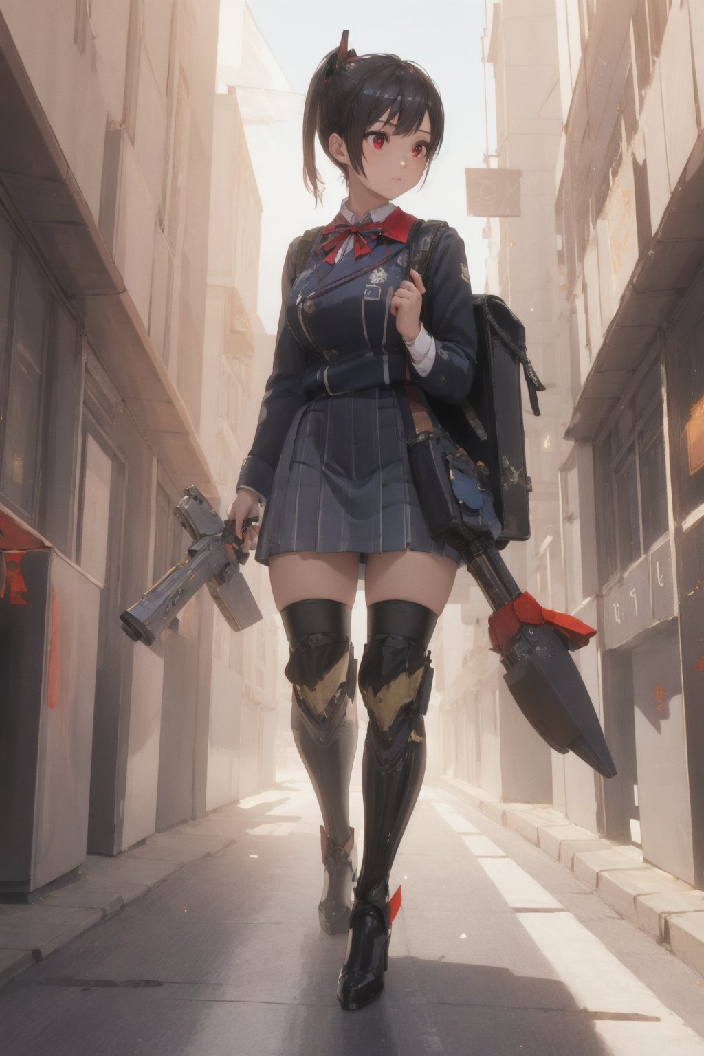 1girl, School Girl, Red Eyes, Short Ponytail black Hair, Red Ribbon, Student Uniform Outfit, Uniform Short Skirt, Kneesock , Black Stocking, Armor Thick Boot , School Bag, Left Leg Bag, Funnel, Remote Weapon, Walking among the crowd, On the Junction Road, Big City, Market, look beyond the sky , massive sky building in the background , Sunset Time, ((Best quality)), ((masterpiece)), 3D, HDR (High Dynamic Range),Ray Tracing, NVIDIA RTX, Super-Resolution, Unreal 5,Subsurface scattering, PBR Texturing, Post-processing, Anisotropic Filtering, Depth-of-field, Maximum clarity and sharpness, Multi-layered textures, Albedo and Specular maps, Surface shading, Accurate simulation of light-material interaction, Perfect proportions, Octane Render, Two-tone lighting, Wide aperture, Low ISO, White balance, Rule of thirds,8K RAW, Aura, masterpiece, best quality, Mysterious expression, magical effects like sparkles or energy, flowing robes or enchanting attire, mechanic creatures or mystical background, rim lighting, side lighting, cinematic light, ultra high res, 8k uhd, film grain, best shadow, delicate, RAW, light particles, detailed skin texture, detailed cloth texture, beautiful face, (masterpiece), best quality, expressive eyes, perfect face,