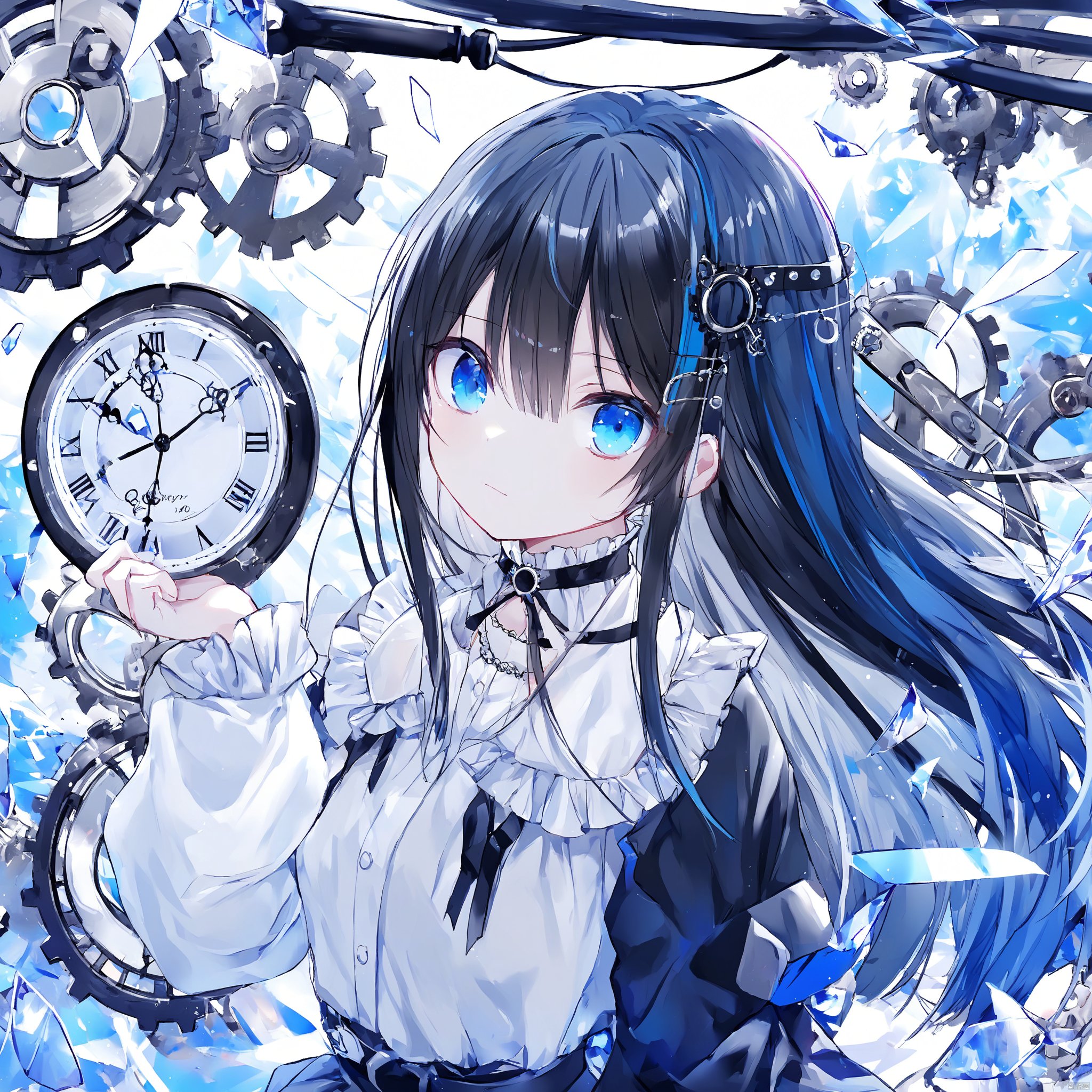 Q,masterpiece,best quality,high quality,(colorful),[Artist onineko],[Artist chen bin],[Artist agwing86],Artist xukong, 1girl, solo, long hair, blue eyes, holding, looking at viewer, black hair, skirt, shirt, white shirt, long sleeves, gears,clock,broken glass,lace_trim, long sleeves, frilled shirt, skirt, choker, detached_sleeve,blue theme