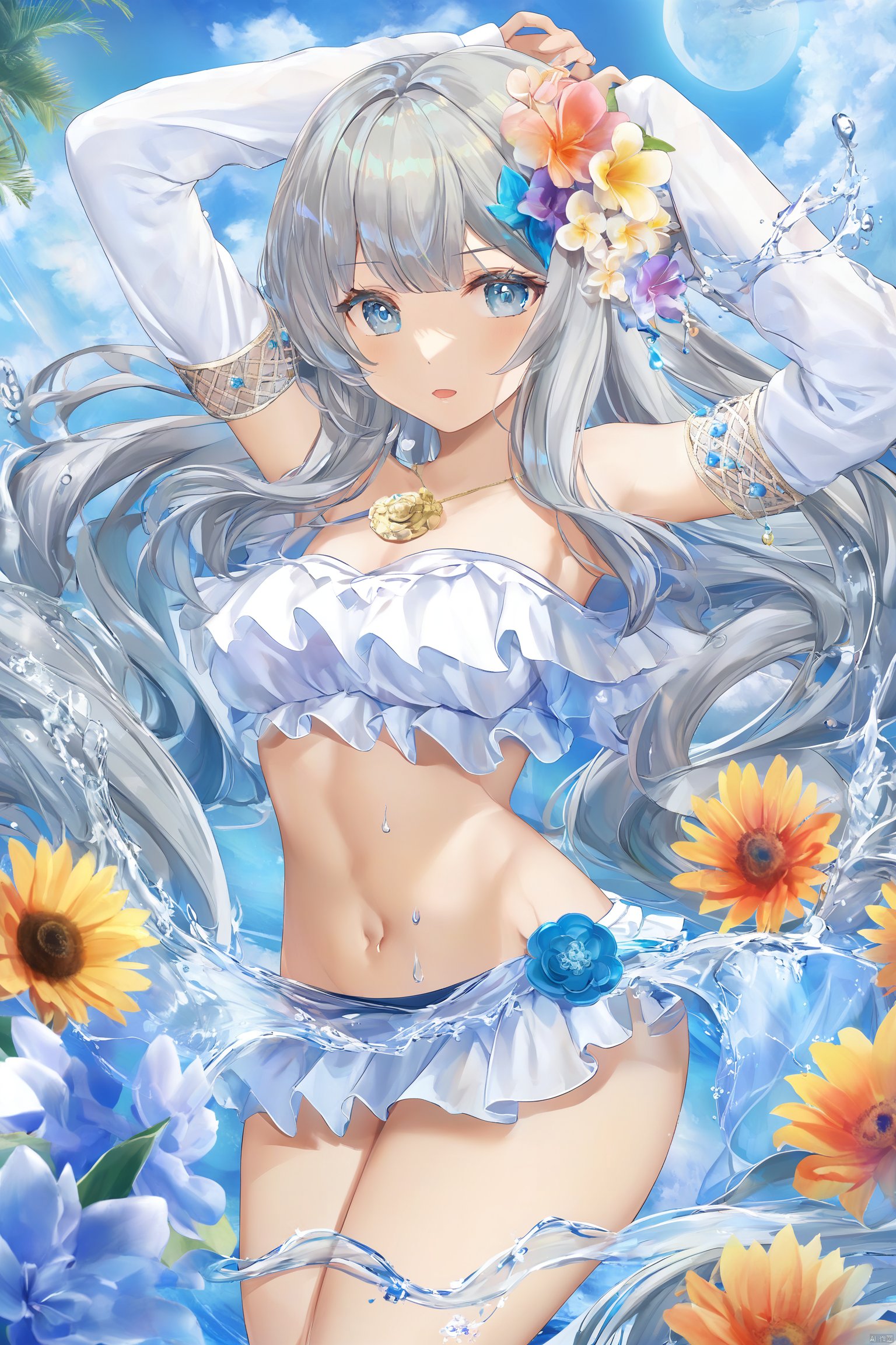  1girl, solo, long hair, breasts, hair ornament, braid, looking at viewer, hair flower, blue eyes, water, flower, bangs, very long hair, moon, bikini, arms up, swimsuit, grey hair, detached sleeves, medium breasts, long sleeves, white bikini, thighs, cleavage,Melting,torino,Q,k7