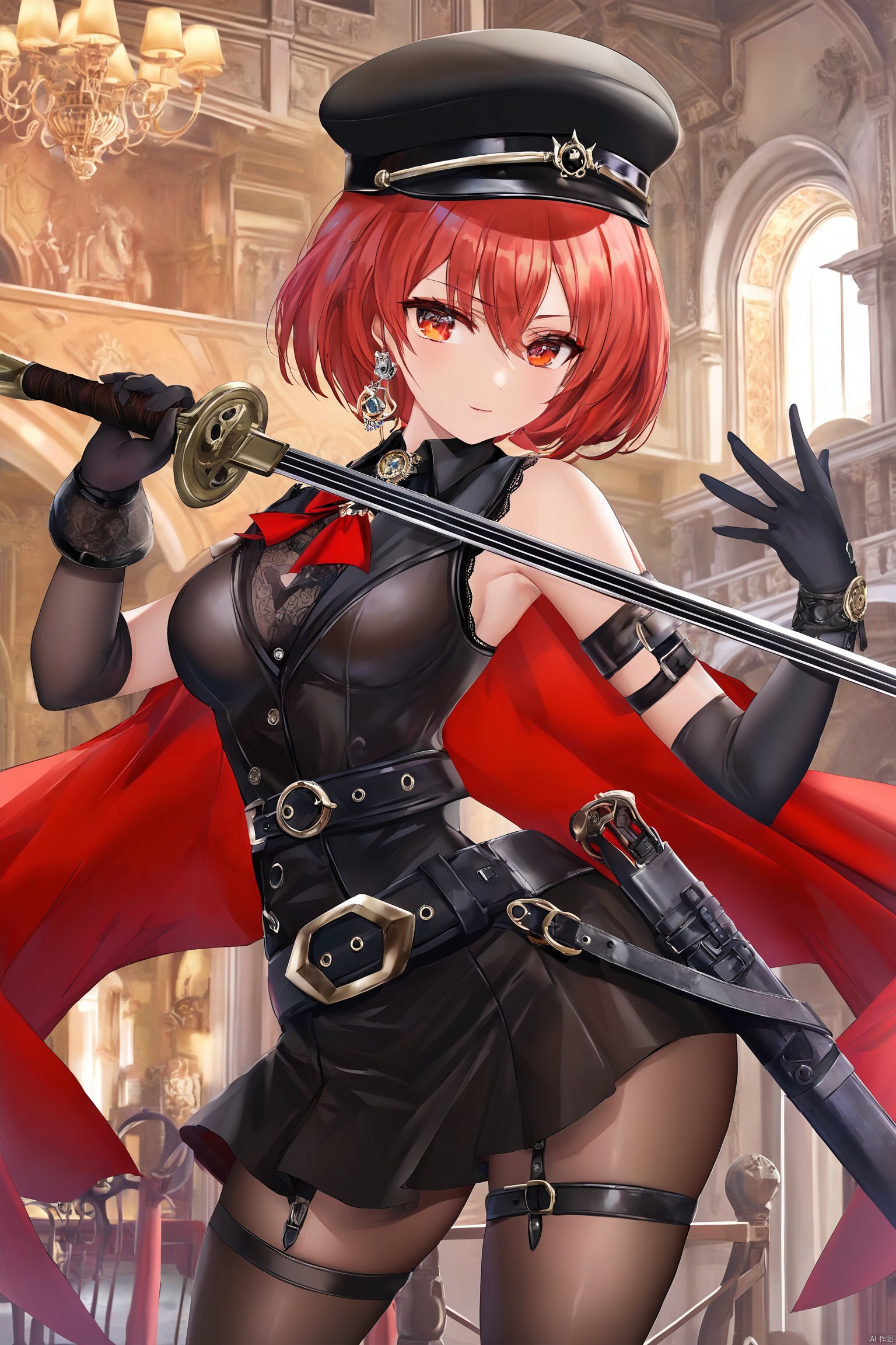 1girl, solo, breasts, looking at viewer, short hair, bangs, skirt, red eyes, gloves, hat, holding, bare shoulders, jewelry, weapon, white hair, pantyhose, cowboy shot, sleeveless, black gloves, belt, sword, black skirt, holding weapon, black headwear, thigh strap, beret, holding sword,,torino,k7,Q,Melting, Opera style