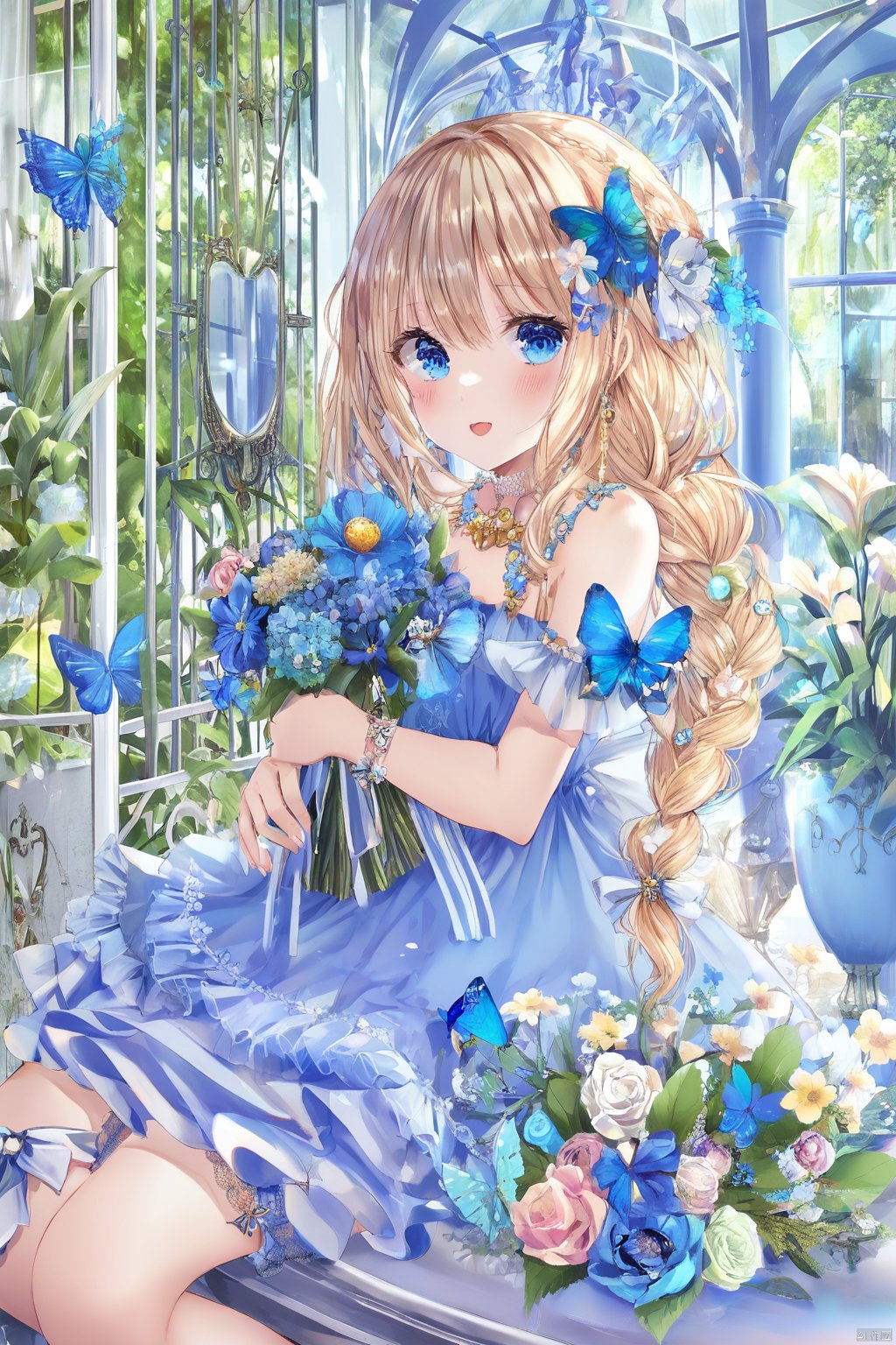 (masterpiece), (best quality), illustration, ultra detailed, hdr, Depth of field, (colorful),Artist houkisei,loli,1girl, solo, long hair, looking at viewer, blush, smile, bangs, blue eyes, blonde hair, hair ornament, dress, holding, bare shoulders, twintails, jewelry, sitting, very long hair, full body, braid, flower, detached sleeves, socks, indoors, hair flower, necklace, twin braids, parted bangs, window, blue dress, watermark, bug, white socks, butterfly, bouquet, butterfly hair ornament, bench, holding bouquet, blue butterfly,k7,torino,Q,transparent,cartoon,noyu,melting,mercury