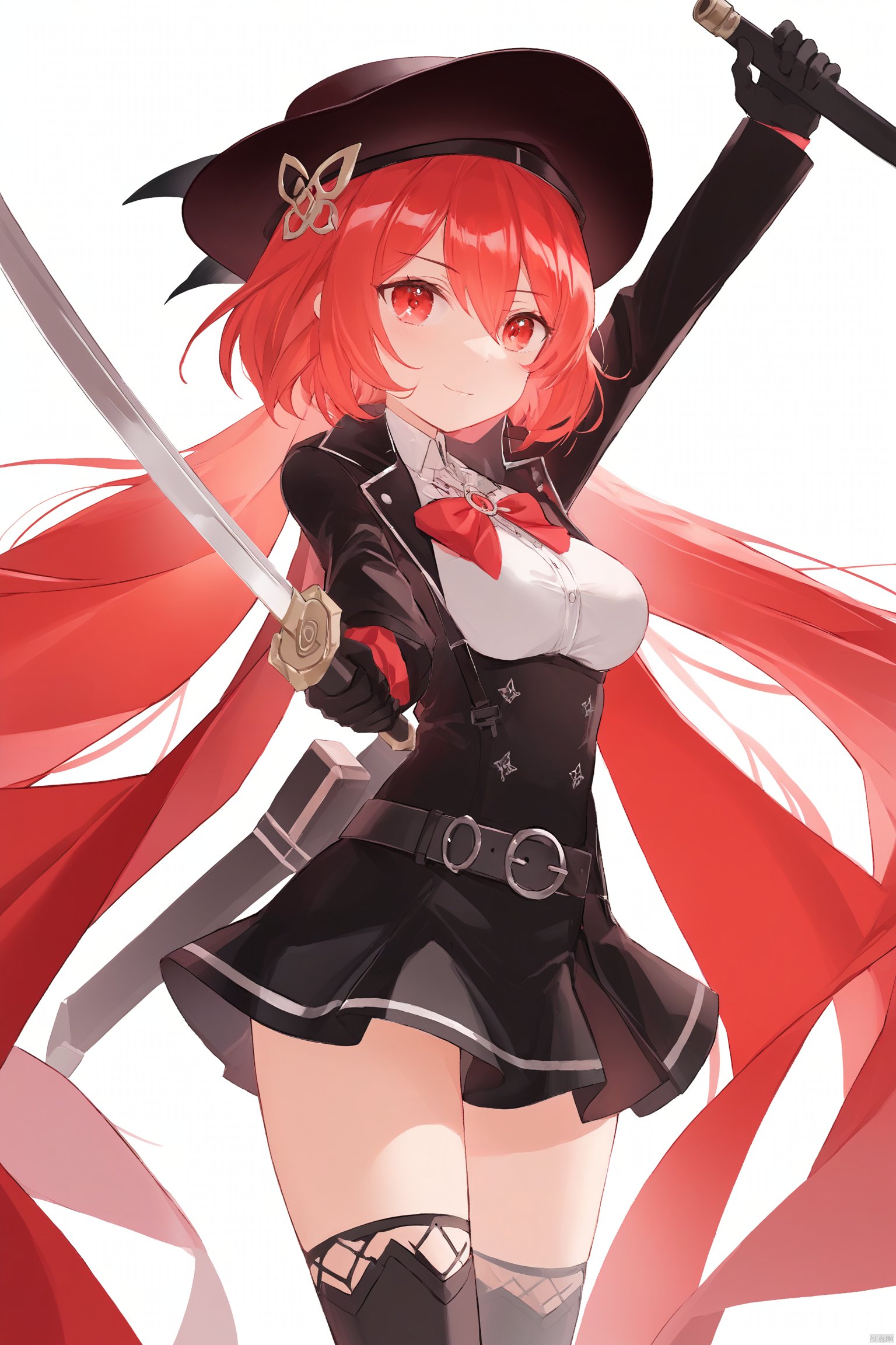 1girl, solo, breasts, looking at viewer, short hair, bangs, skirt, red eyes, gloves, hat, holding, bare shoulders, jewelry, weapon, white hair, pantyhose, cowboy shot, sleeveless, black gloves, belt, sword, black skirt, holding weapon, black headwear, thigh strap, beret, holding sword,可爱水彩插画头像_烟上月,torino,k7,Q,Melting