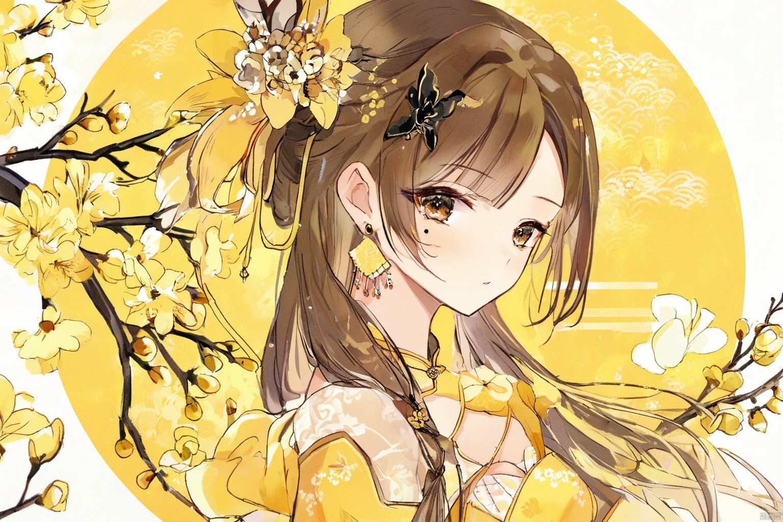 1girl, solo, long hair, looking at viewer, brown hair, black hair, hair ornament, long sleeves, ribbon, jewelry, closed mouth, upper body, flower, earrings, hair flower, from side, chinese clothes, yellow background, branch, yellow theme