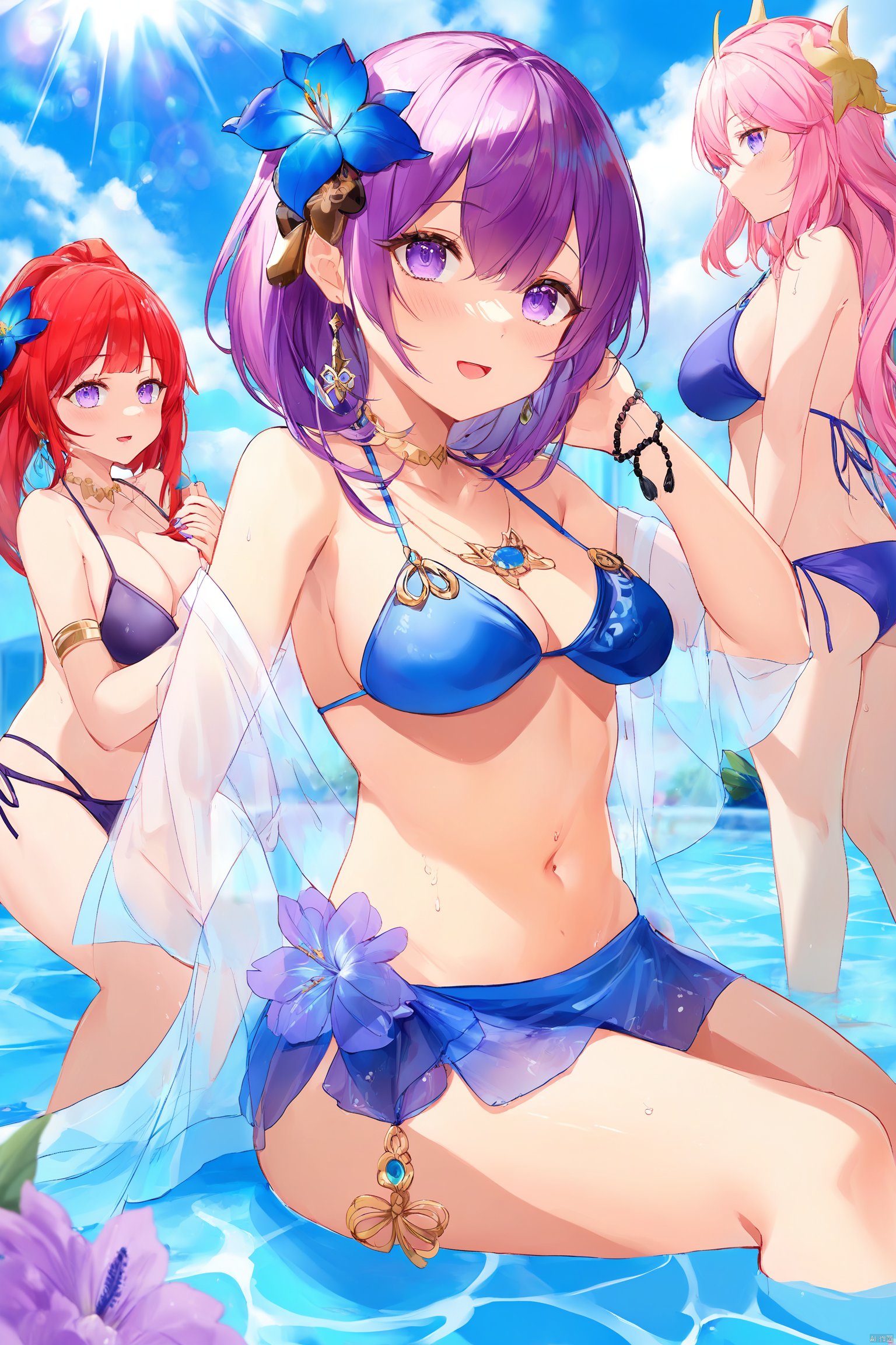 multiple girls, smile, breasts, sangonomiya kokomi, swimsuit, hair ornament, long hair, purple eyes, bikini, sitting, jewelry, looking at viewer, holding hands, flower, bangs, hair flower, navel, shirt, nilou (genshin impact), red hair, horns, day, pink hair, outdoors, dress, water, off shoulder, thighlet, medium breasts, thighs, purple flower, open mouth, beads, bare shoulders, blush, stomach, bracelet, :d, closed mouth, see-through, cleavage, multicolored hair, thigh strap, off-shoulder shirt, toes, paimon (genshin impact), necklace, wet, white shirt, purple hair, anklet, sandals, frills, vision (genshin impact), bow-shaped hair, blue dress, purple bikini, twintails, sky, nail polish, blue sky, blue eyes, blue hair, short sleeves, choker, blue nails, bikini under clothes, parted bangs, 4girls, toenail polish, signature, feet, sunlight, pool, stairs, frilled bikini, very long hair, colored tips, 5girls, aqua eyes,torino,k7,Q,Melting