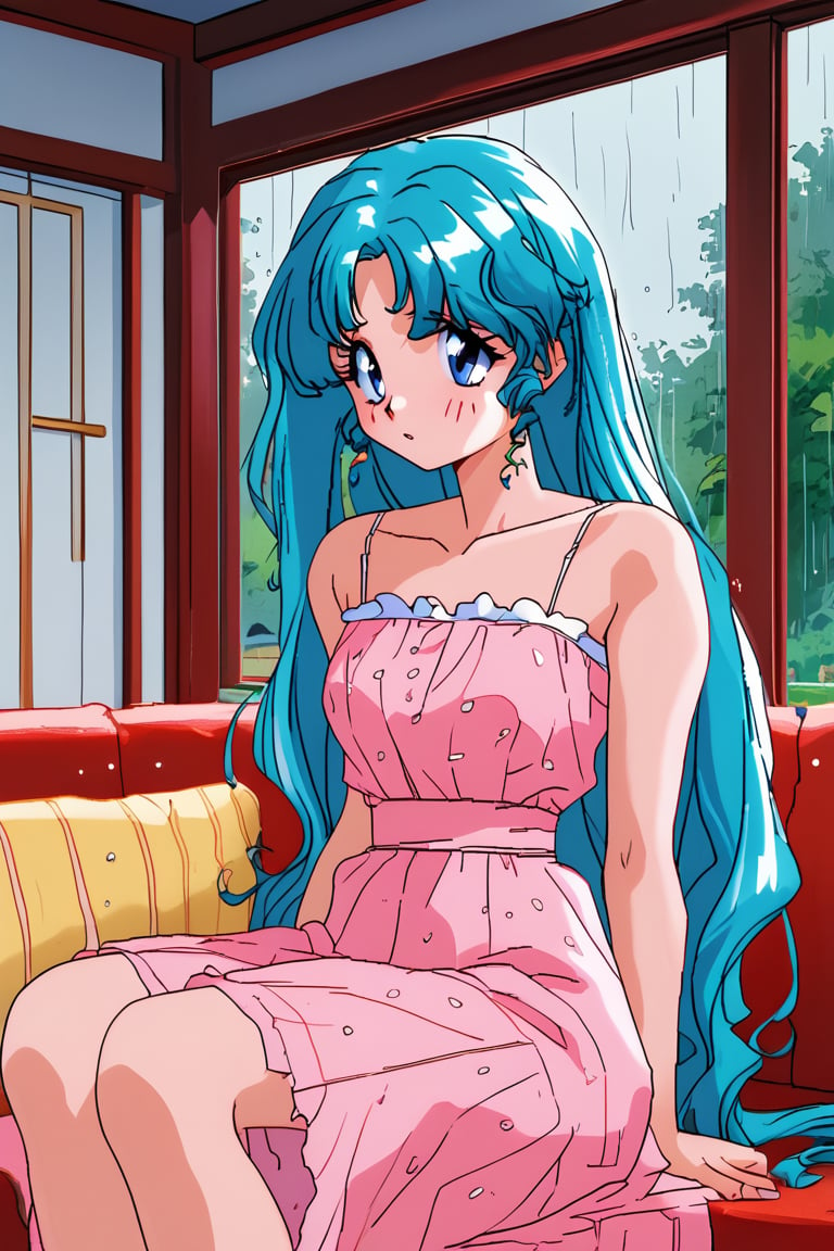 score_9, score_8_up, score_7_up, H0shin0K1r4r4, blue hair, long hair, long twintails hair, blue eyes, pink dress, sitting on a sofa, looking out the window, raining outside
