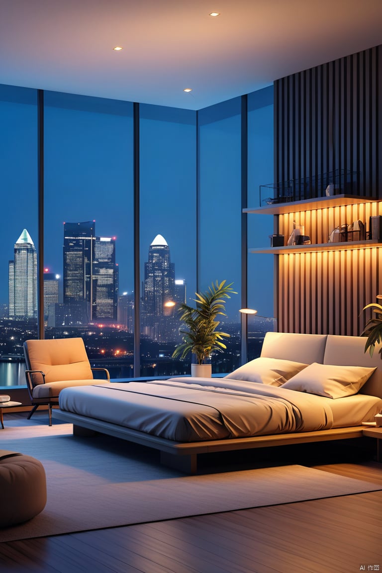 sky, indoors, cup, pillow, no humans, window, bed, night, chair, table, plant, building, scenery, couch, city, lamp, cityscape, skyscraper, city lights, skyline