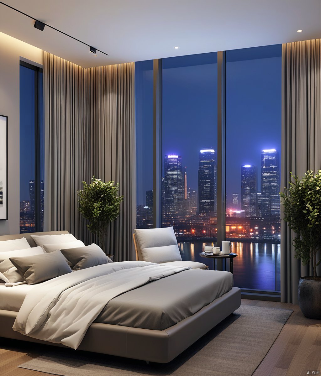 sky, indoors, cup, pillow, no humans, window, bed, night, chair, table, plant, building, scenery, couch, city, lamp, cityscape, skyscraper, city lights, skyline