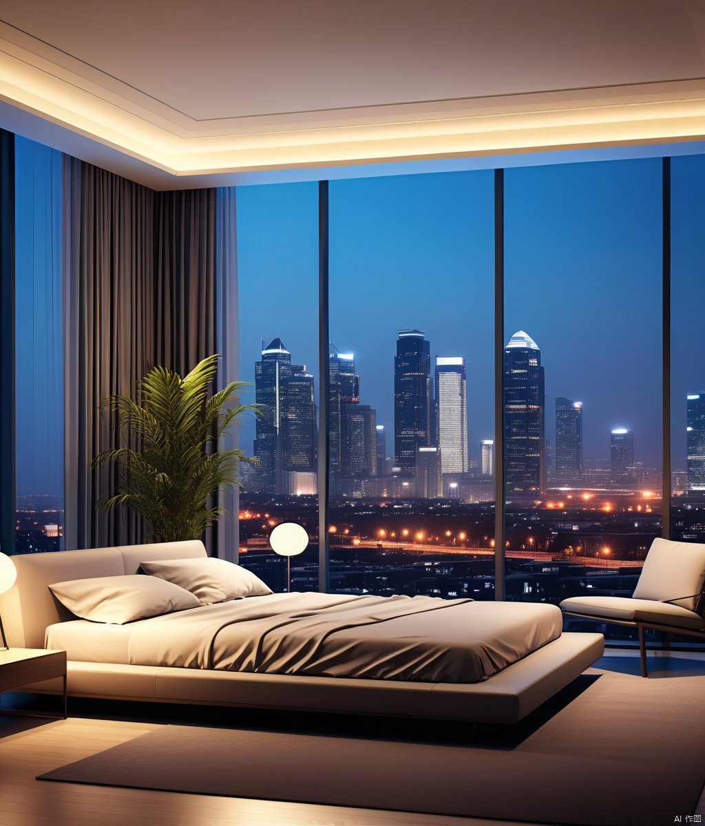 sky, indoors, cup, pillow, no humans, window, bed, night, chair, table, plant, building, scenery, couch, city, lamp, cityscape, skyscraper, city lights, skyline