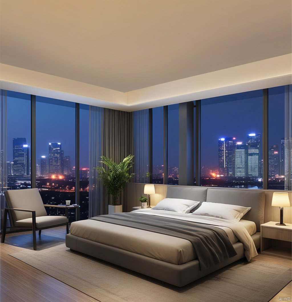 sky, indoors, cup, pillow, no humans, window, bed, night, chair, table, plant, building, scenery, couch, city, lamp, cityscape, skyscraper, city lights, skyline