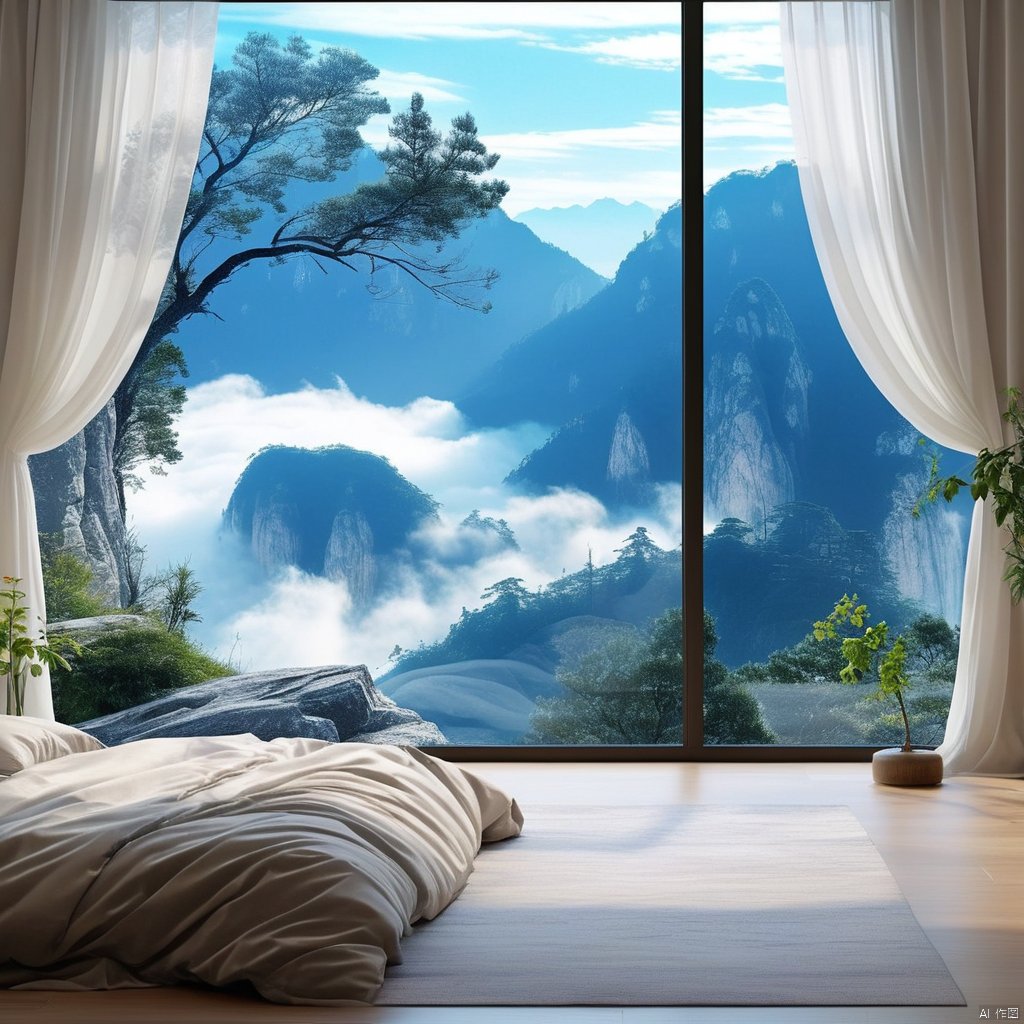 sky, day, cloud, indoors, tree, no humans, window, bed, table, plant, curtains, scenery, mountain