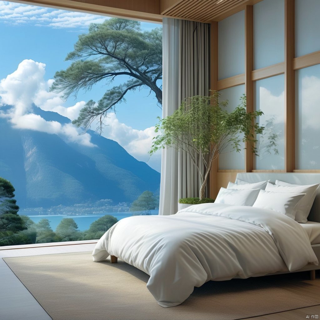 sky, day, cloud, indoors, tree, no humans, window, bed, table, plant, curtains, scenery, mountain