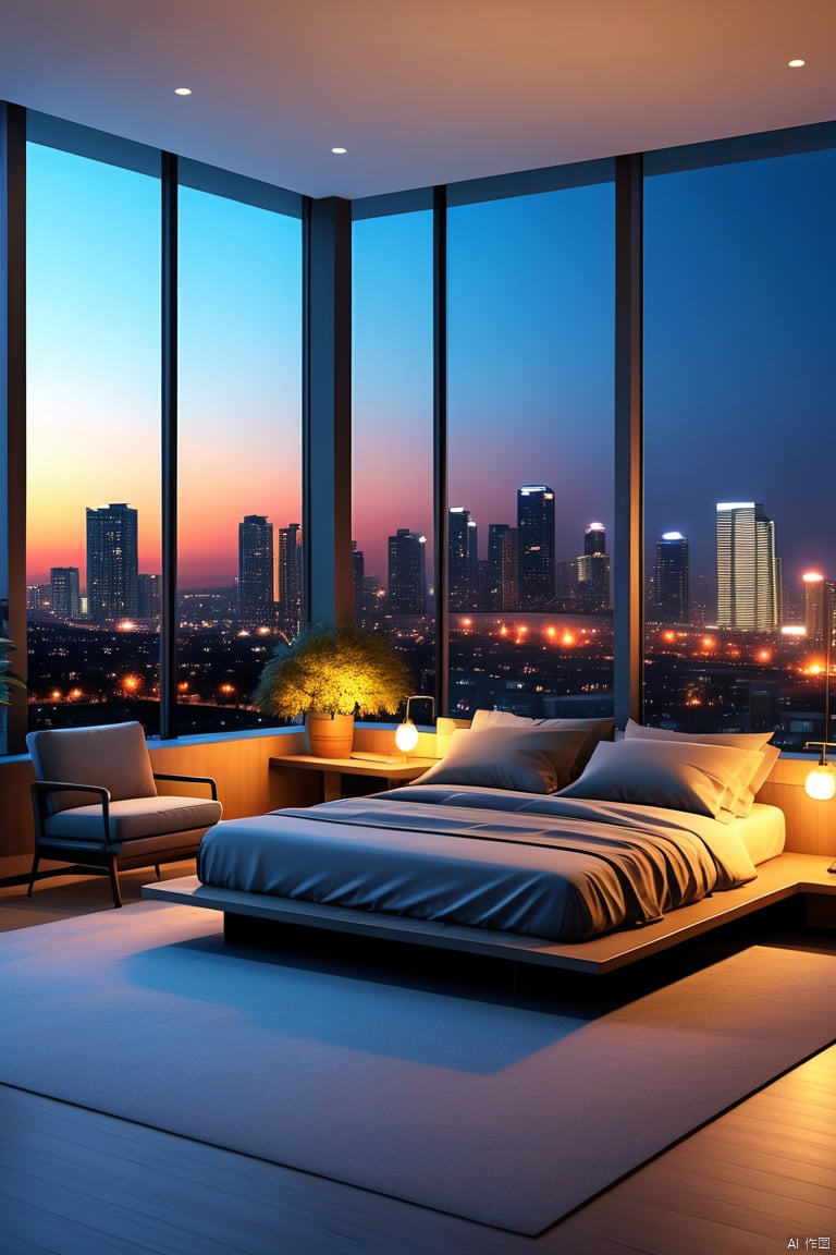 sky, indoors, cup, pillow, no humans, window, bed, night, chair, table, plant, building, scenery, couch, city, lamp, cityscape, skyscraper, city lights, skyline