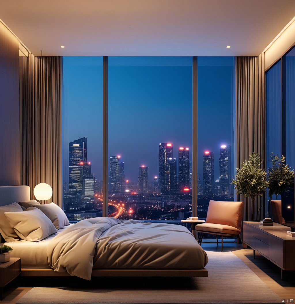 sky, indoors, cup, pillow, no humans, window, bed, night, chair, table, plant, building, scenery, couch, city, lamp, cityscape, skyscraper, city lights, skyline