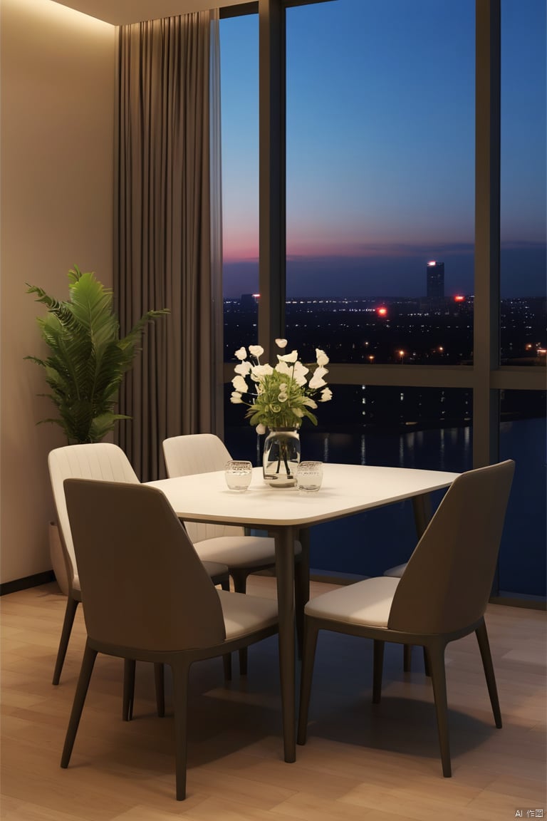 flower, sky, indoors, cup, no humans, window, night, chair, table, bottle, plant, building, night sky, scenery, wooden floor, city, lamp, cityscape, vase, flower pot