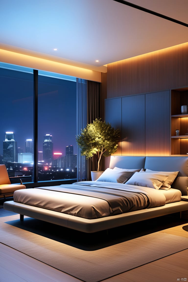 sky, indoors, cup, pillow, no humans, window, bed, night, chair, table, plant, building, scenery, couch, city, lamp, cityscape, skyscraper, city lights, skyline