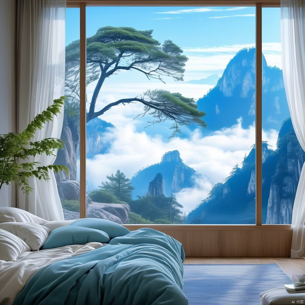 sky, day, cloud, indoors, tree, no humans, window, bed, table, plant, curtains, scenery, mountain