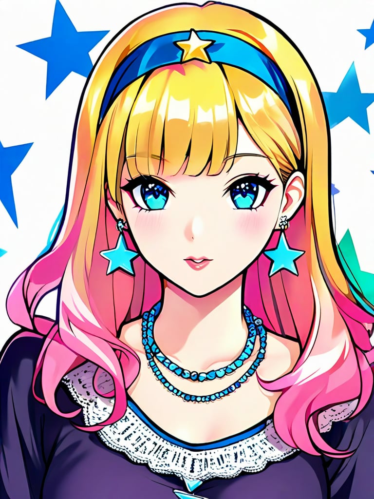 1girl, solo, long hair, looking at viewer, blonde hair, hair ornament, jewelry, pink hair, multicolored hair, earrings, hairband, parted lips, necklace, star (symbol), star earrings
