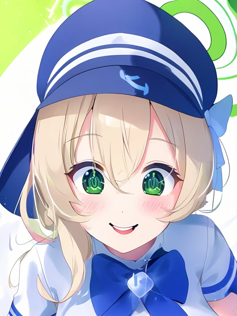 1girl, solo, smile, hat, green eyes, halo, nonomi (blue archive), nonomi (swimsuit) (blue archive)
