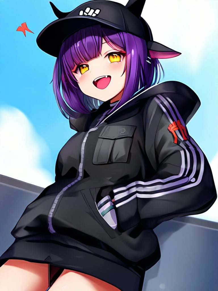 1girl, solo, looking at viewer, smile, open mouth, animal ears, jacket, yellow eyes, purple hair, horns, official alternate costume, visor cap
