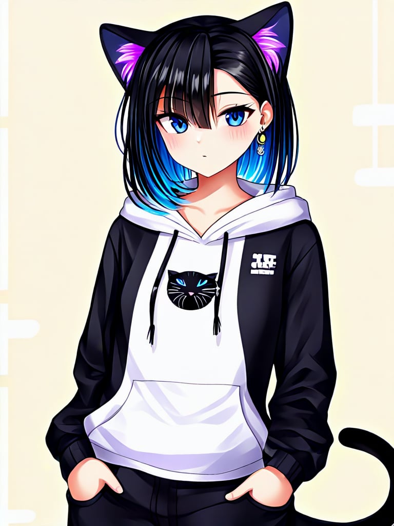 1girl, solo, looking at viewer, blue eyes, shirt, black hair, long sleeves, hair ornament, animal ears, closed mouth, jewelry, jacket, collarbone, tail, white shirt, multicolored hair, earrings, hairclip, hood, cat ears, black jacket, animal ear fluff, cat tail, cat girl, extra ears, hooded jacket, colored inner hair, hands in pockets
