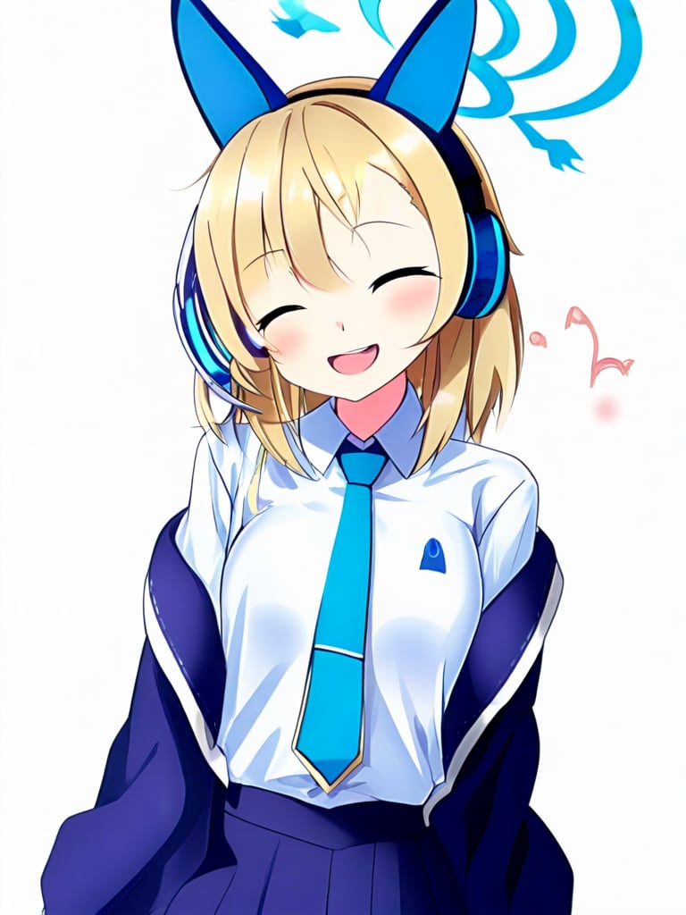 1girl, solo, smile, simple background, shirt, blonde hair, white background, animal ears, white shirt, closed eyes, necktie, collared shirt, halo, fake animal ears, headphones, blue necktie, animal ear headphones, midori (blue archive)
