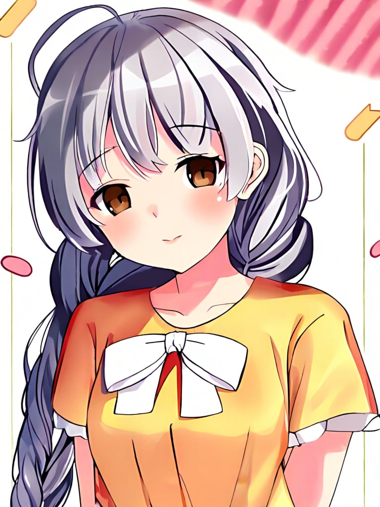 1girl, solo, long hair, looking at viewer, blush, shirt, bow, brown eyes, upper body, grey hair, ahoge, braid, short sleeves, parted lips, twin braids, white bow, hisakawa nagi
