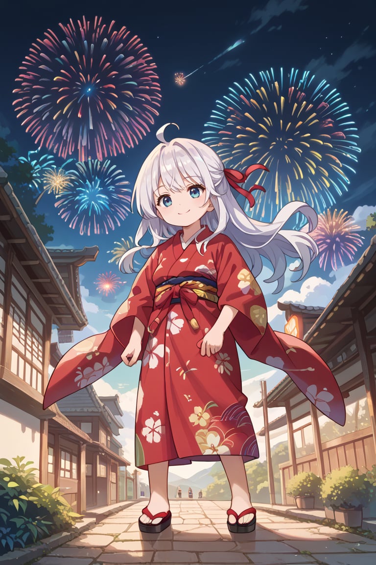 score_9, score_8_up, score_7_up, score_6_up, score_5_up, score_4_up, source_anime, scenery, BREAK, 1girl, alya_imoto, blue eyes, white hair, long hair, hair ribbon, red ribbon, ahoge, In a yukata, smile, standing, fantasy, masterpiece, best quality, very aesthetic, absurdres, full_body, fireworks in the background, low angle, outdoors