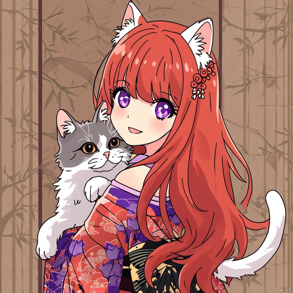 1girl,red hair,purple eyes,furisode,long hair,cat