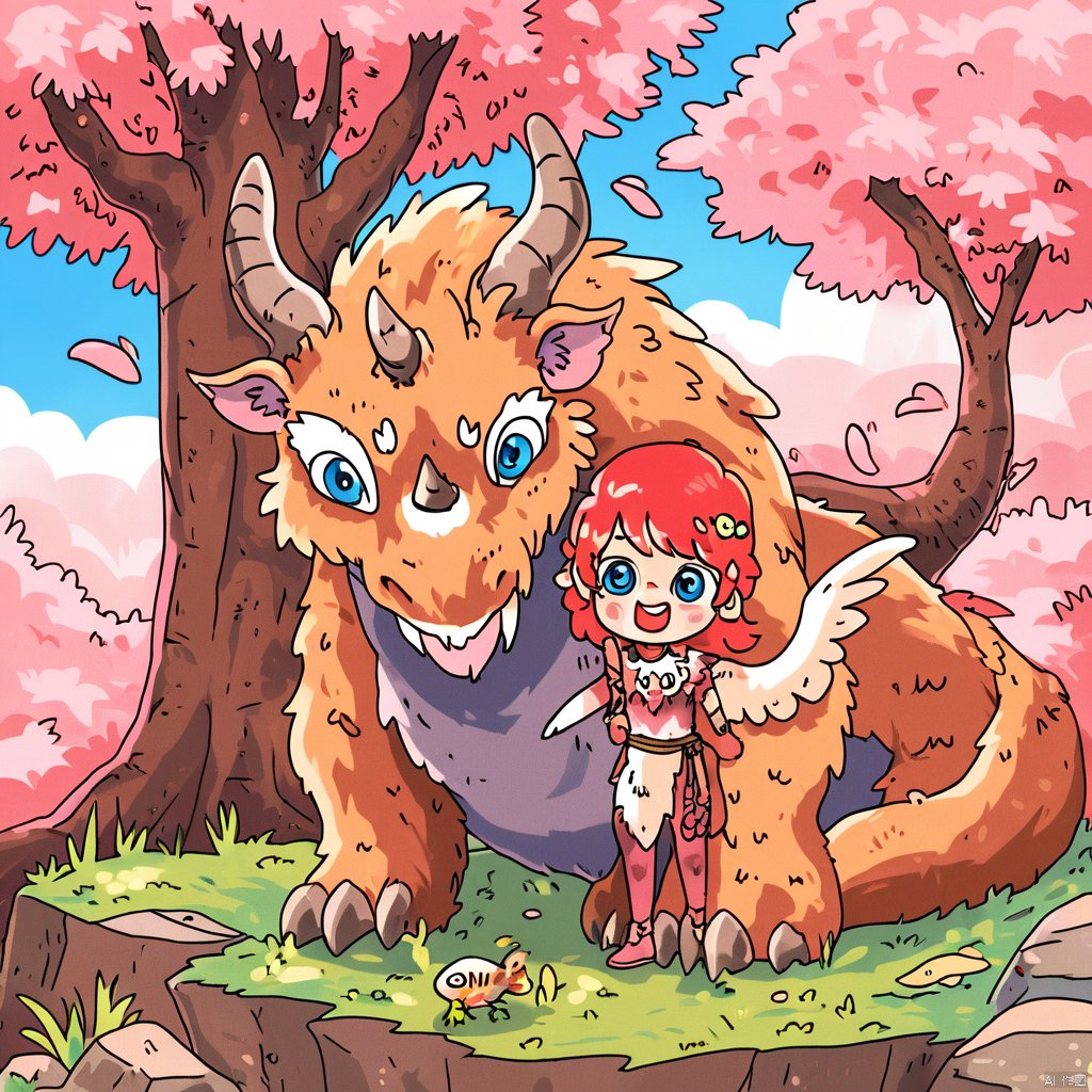 tree, horns, dragon, 1girl, open mouth, red hair, creature, water, outdoors, claws, blue eyes, petals, egg, grass, moss, smile, cherry blossoms, wings, rock, fish, holding, animal, tail, nature, flower, pink flower, dragon horns, hug, standing