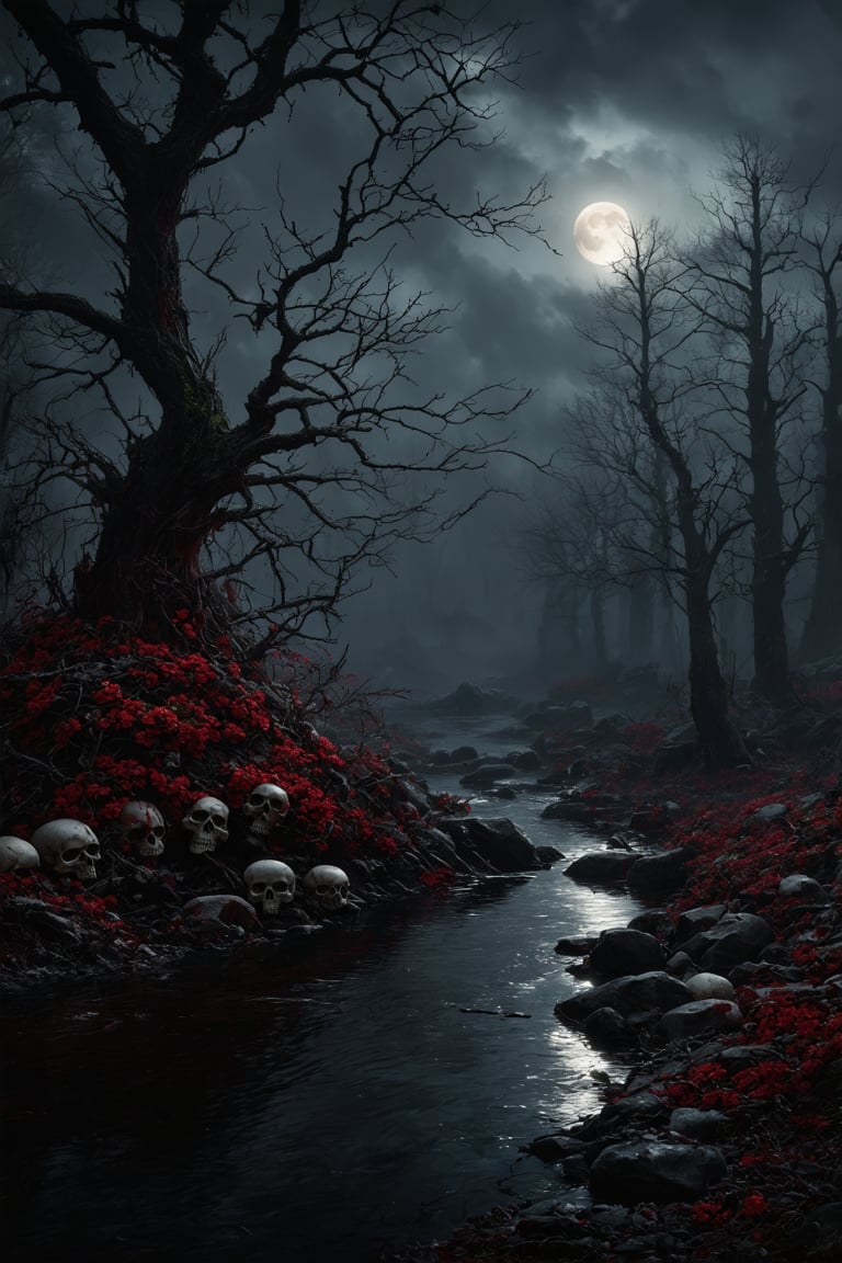 Horror theme, dark and eerie atmosphere, hyperrealistic, bloody stream,  ominous tree with twisted branches, skulls scattered around the base, vibrant red flowers, ethereal lighting, glowing moon in the background, dramatic shadows, intricate details, haunting ambiance, realistic textures, misty fog, unsettling and creepy, gothic elements, red and black color palette, ultra-quality, foreboding scene, sinister mood, ethereal glow, detailed background, magical elements, mysterious and terrifying, lifelike depiction, horror setting, gloomy sky, surreal and nightmarish, ghostly presence