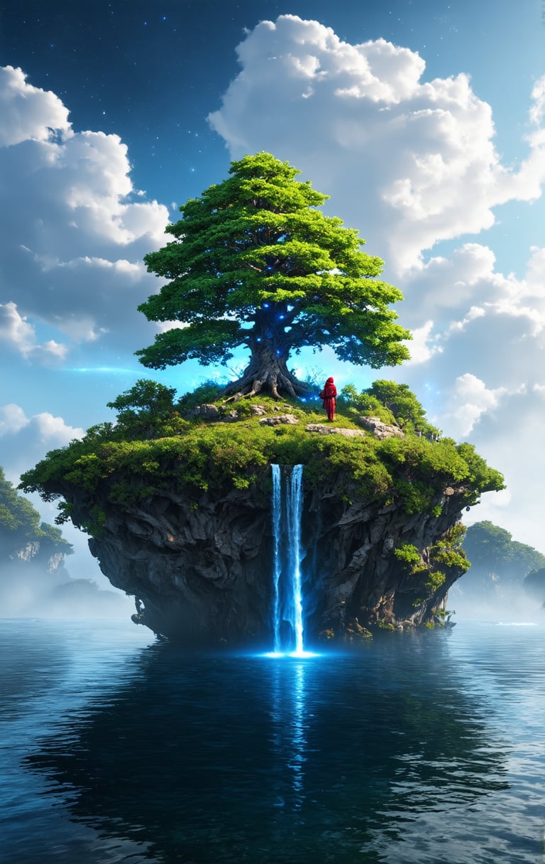 a majestic floating island with a colossal tree at its center, waterfalls cascading down into a mirror-like water surface, lush green foliage, detailed tree bark with glowing blue veins, serene sky with fluffy white clouds, distant planets visible in the sky, intricate vegetation, depth of field, volumetric lighting, high dynamic range, sense of wonder and tranquility, extremely detailed background with layers of clouds, reflections in the water, glowing aura around the tree, magical and enchanting atmosphere, small red-robed figure on the island, peaceful and awe-inspiring scene