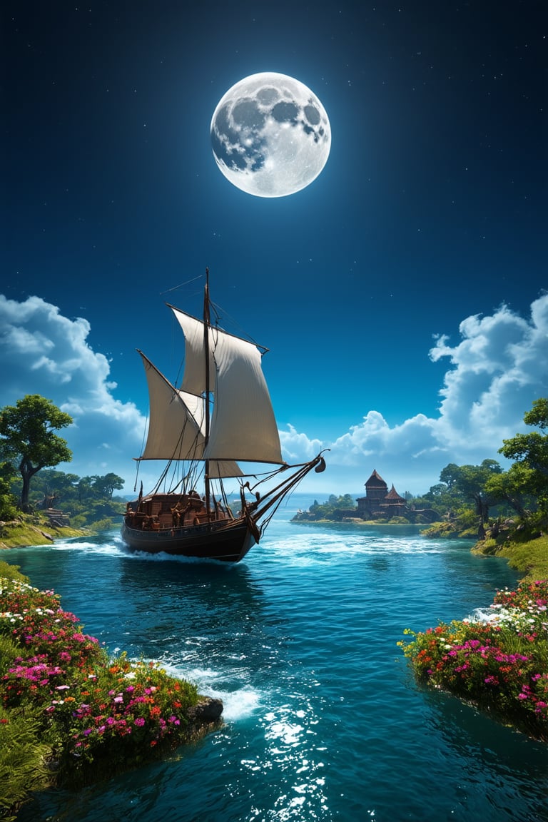 In a dreamy, surreal Unreal Engine 5 scene, a majestic arafed sailboat glides effortlessly across the tranquil ocean, under the soft glow of a full moon suspended in the dark blue sky. The fantasy forest landscape unfolds like a tapestry, with lush greenery and vibrant flowers swaying gently in the breeze. In the distance, the cinematic Silk Road landscape stretches out, its ancient architecture and mystical energy radiating an otherworldly aura. Trending on CGSociety, this breathtaking 4K image is perfect for an iPhone background or Skyrim mod, transporting viewers to a world of wonder and magic.