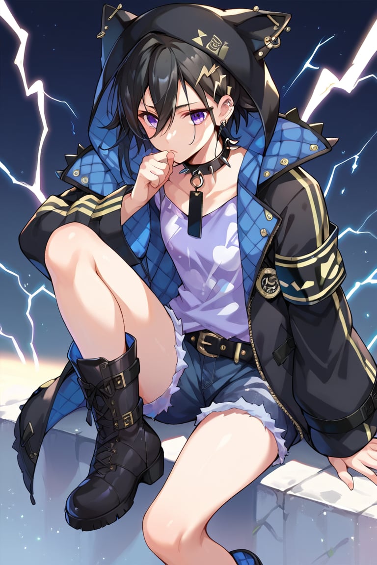 
,score_9,score_8_up,score_7_up,score_6_up,score_5_up,score_4_up,source
_anime,BREAK,kanade izuru,animal hood,black hair,earrings, hair ornament, purple eyes,lightning bolt hair ornament,spiked collar, shorts, boots