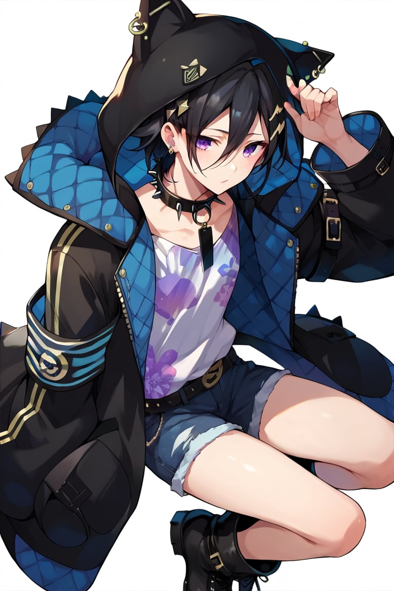 white_background
,score_9,score_8_up,score_7_up,score_6_up,score_5_up,score_4_up,source
_anime,BREAK,kanade izuru,animal hood,black hair,earrings, hair ornament, purple eyes, hair ornament,spiked collar, shorts, boots