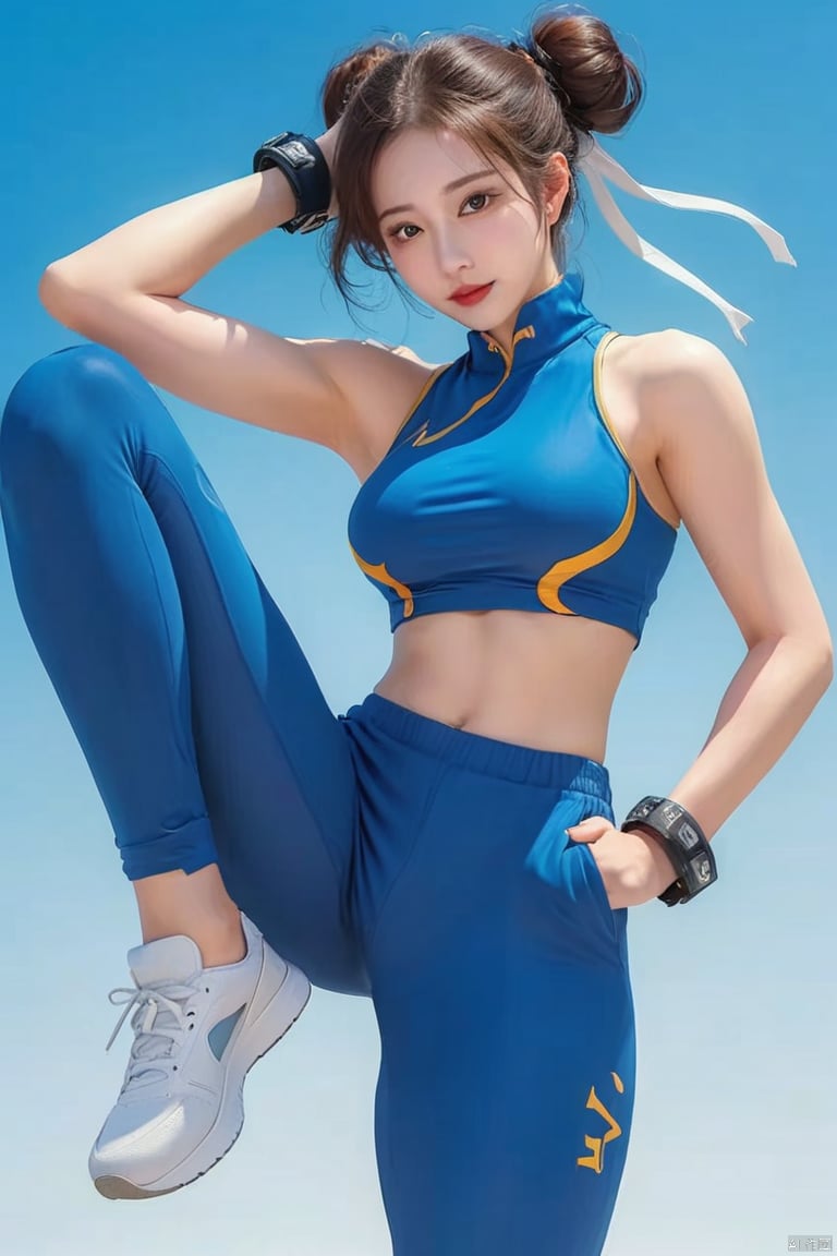 1girl,高抬腿,单手抱腿,白皙的皮肤,蓝色运动裤,hair bun,(standing split:1.3),chun-li