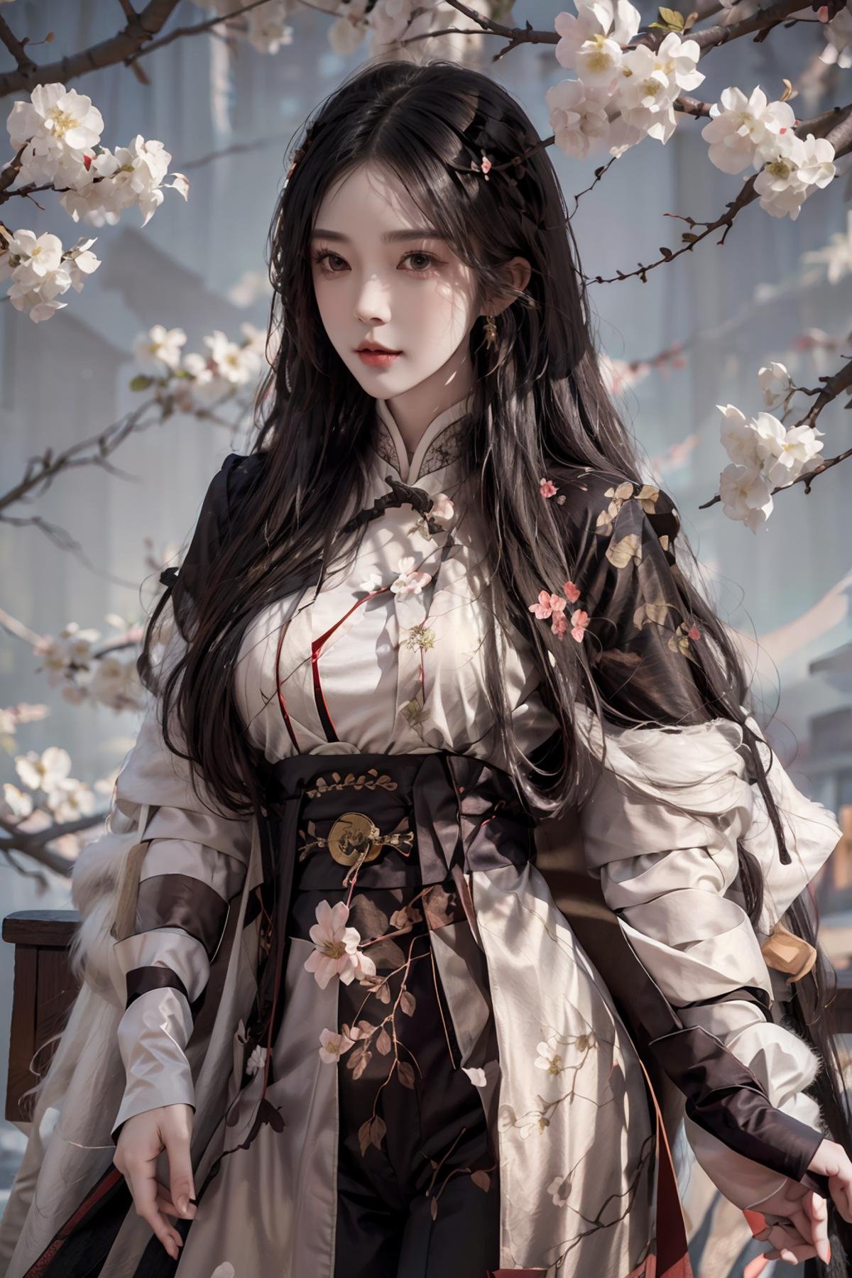 masterpiece,best quality,1girl,women,solo,hips up,upper body,closed mouth,kungfu outfit,fur cape shawl,flower,peach branches,black pants,long hair,accessories,jewelry,long white hair<lora:EMS-179-EMS:0.300000>, <lora:EMS-424754-EMS:0.700000>, <lora:EMS-417825-EMS:0.600000>