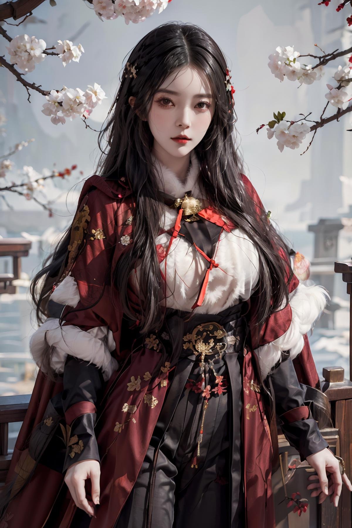 masterpiece,best quality,1girl,women,solo,hips up,upper body,closed mouth,red kungfu outfit,fur cape shawl,flower,peach branches,black pants,long hair,accessories,jewelry,long white hair<lora:EMS-179-EMS:0.300000>, <lora:EMS-424754-EMS:0.700000>, <lora:EMS-417825-EMS:0.600000>