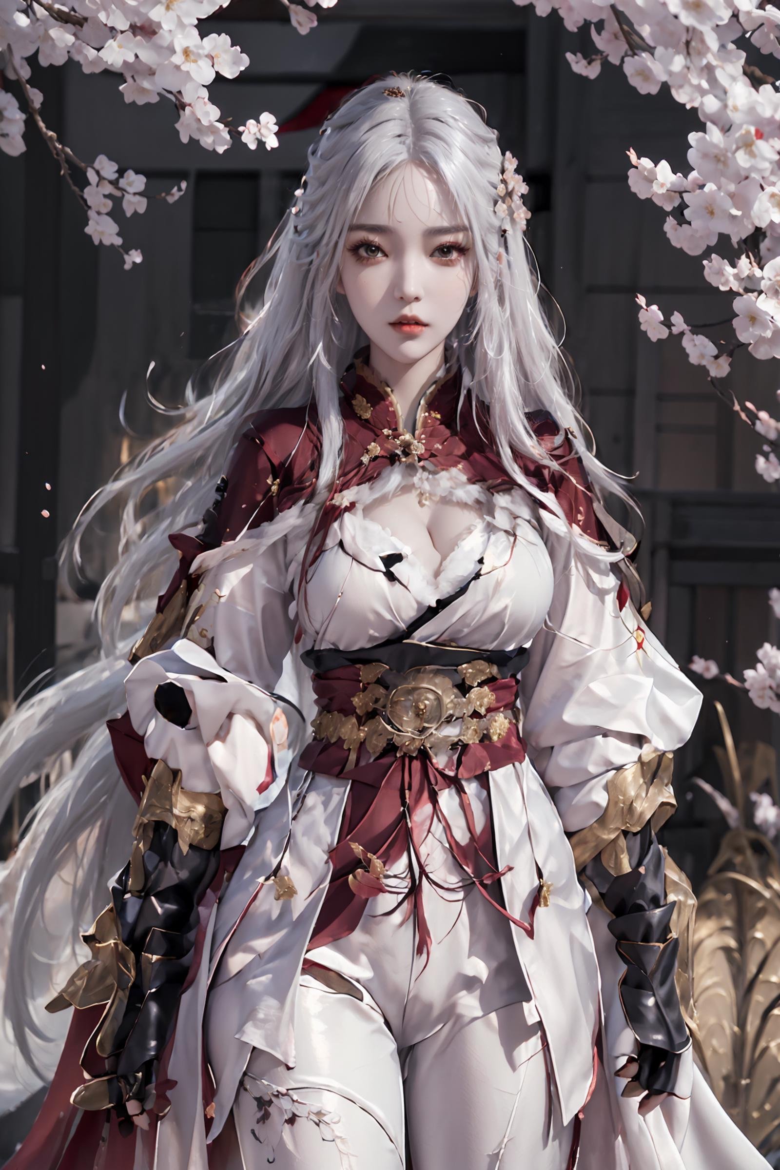 (masterpiece),(best quality),(ultra detailed),1girl,solo,hips up,upper body,detailed face,standing,closed mouth,naraka kungfu outfit,fur capelet,peach flower,cherry blossoms,black pants,black pants,accessories,sky,long hair,(white hair),<lora:naraka_kungfu_outfit:0.7>,<lora:nt4:0.6>,