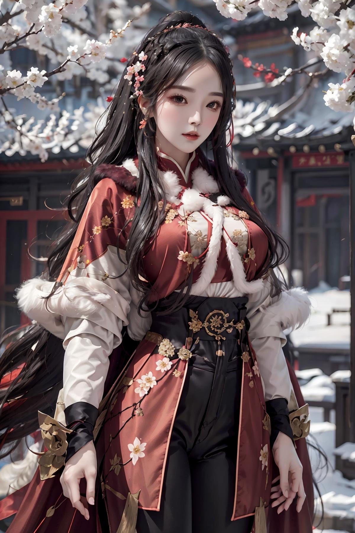 masterpiece,best quality,1girl,women,solo,hips up,upper body,closed mouth,kungfu outfit,fur cape shawl,flower,peach branches,black pants,long hair,accessories,outdoor,<lora:narakungfu_outfit:0.6>,<lora:nt2:0.6>,