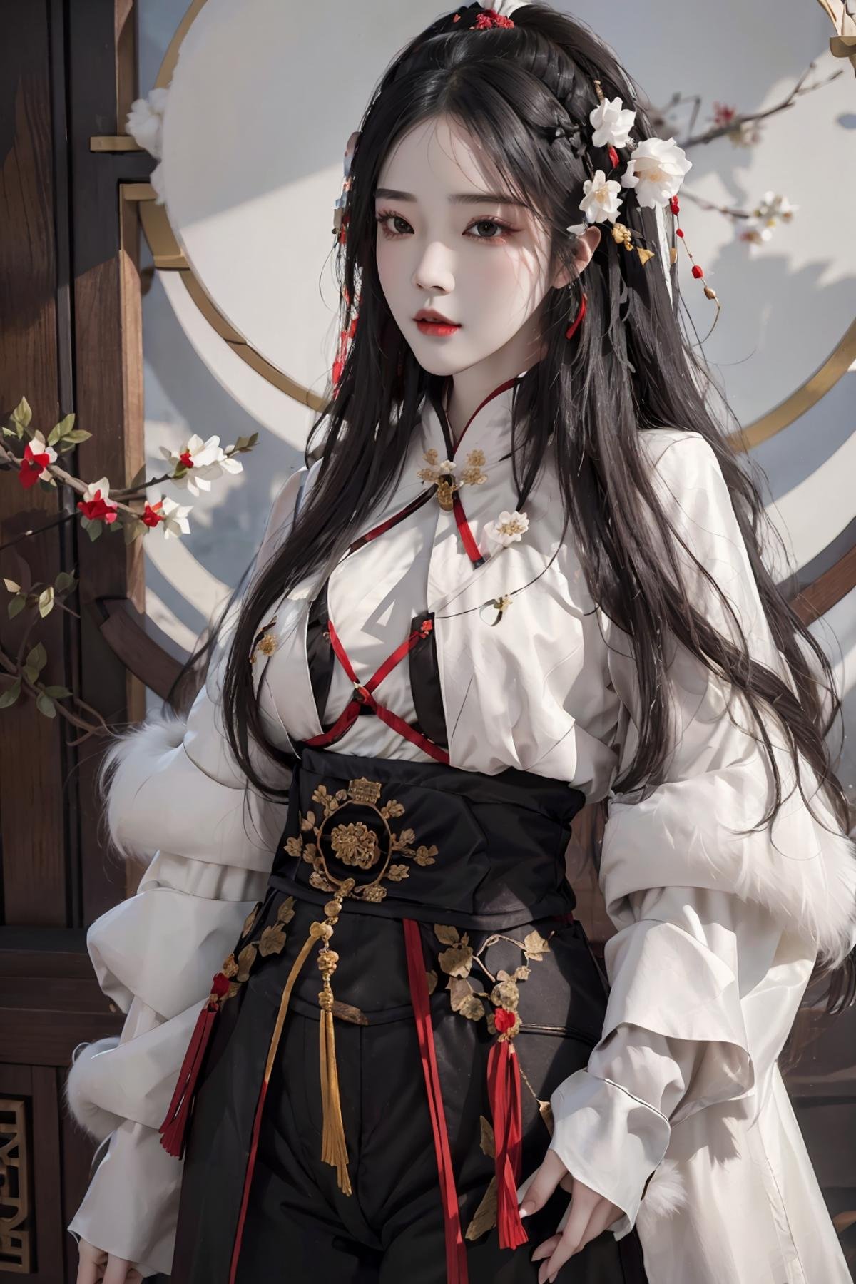 masterpiece,best quality,1girl,women,solo,hips up,upper body,closed mouth,kungfu outfit,fur trim,black pants,flower,long white hair,accessories,<lora:narakungfu_outfit:0.6>,<lora:nt2:0.6>,