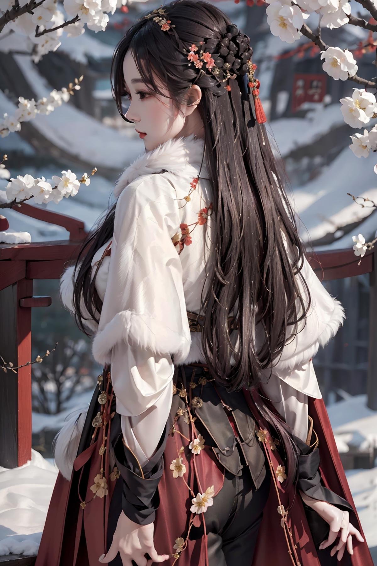 masterpiece,best quality,1girl,women,solo,hips up,upper body,from behide,facing away,closed mouth,kungfu outfit,fur cape shawl,flower,peach branches,black pants,long hair,accessories,outdoor,<lora:narakungfu_outfit:0.6>,<lora:nt2:0.6>,